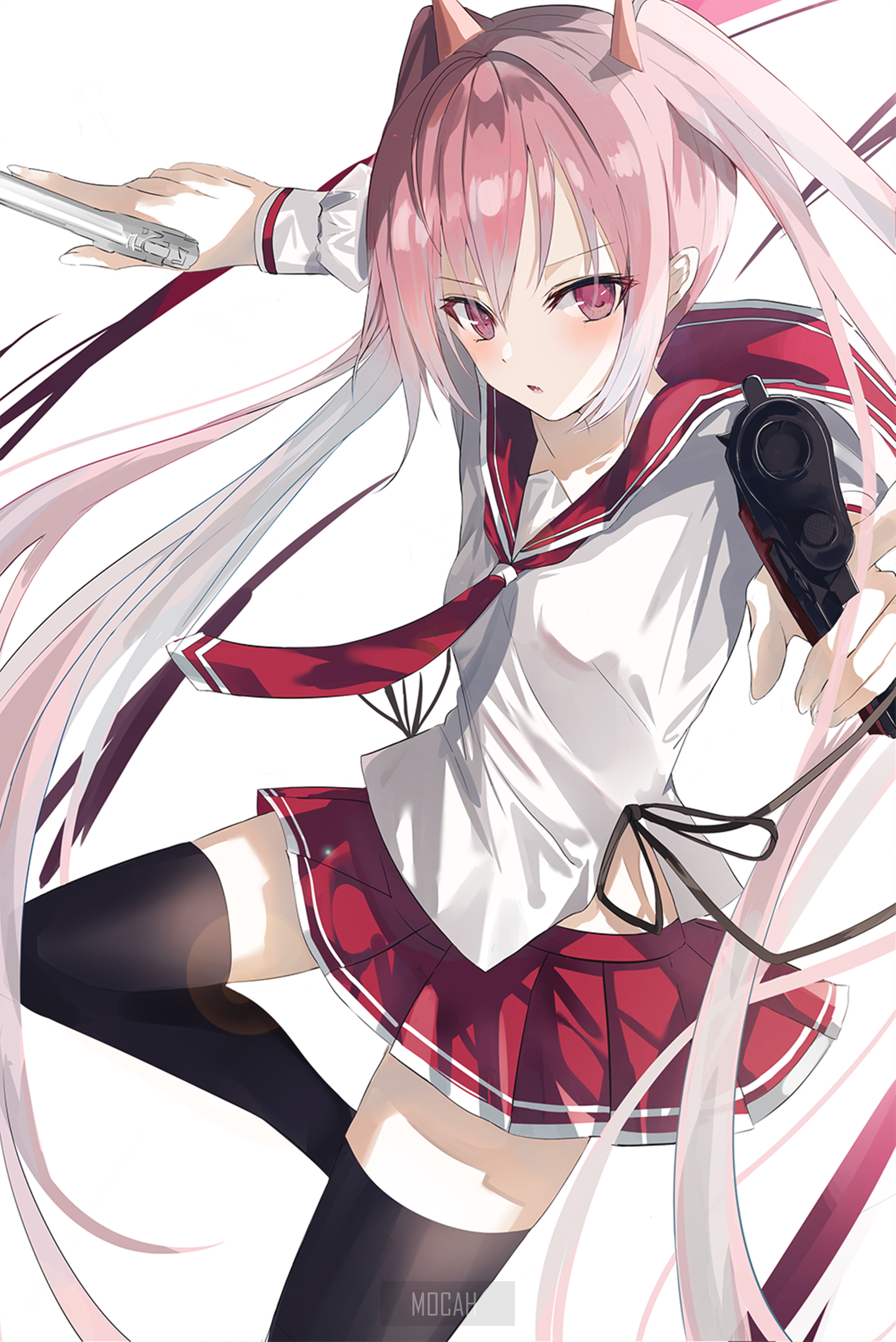 Anime girl with pink hair and horns holding guns HD Phone Wallpaper