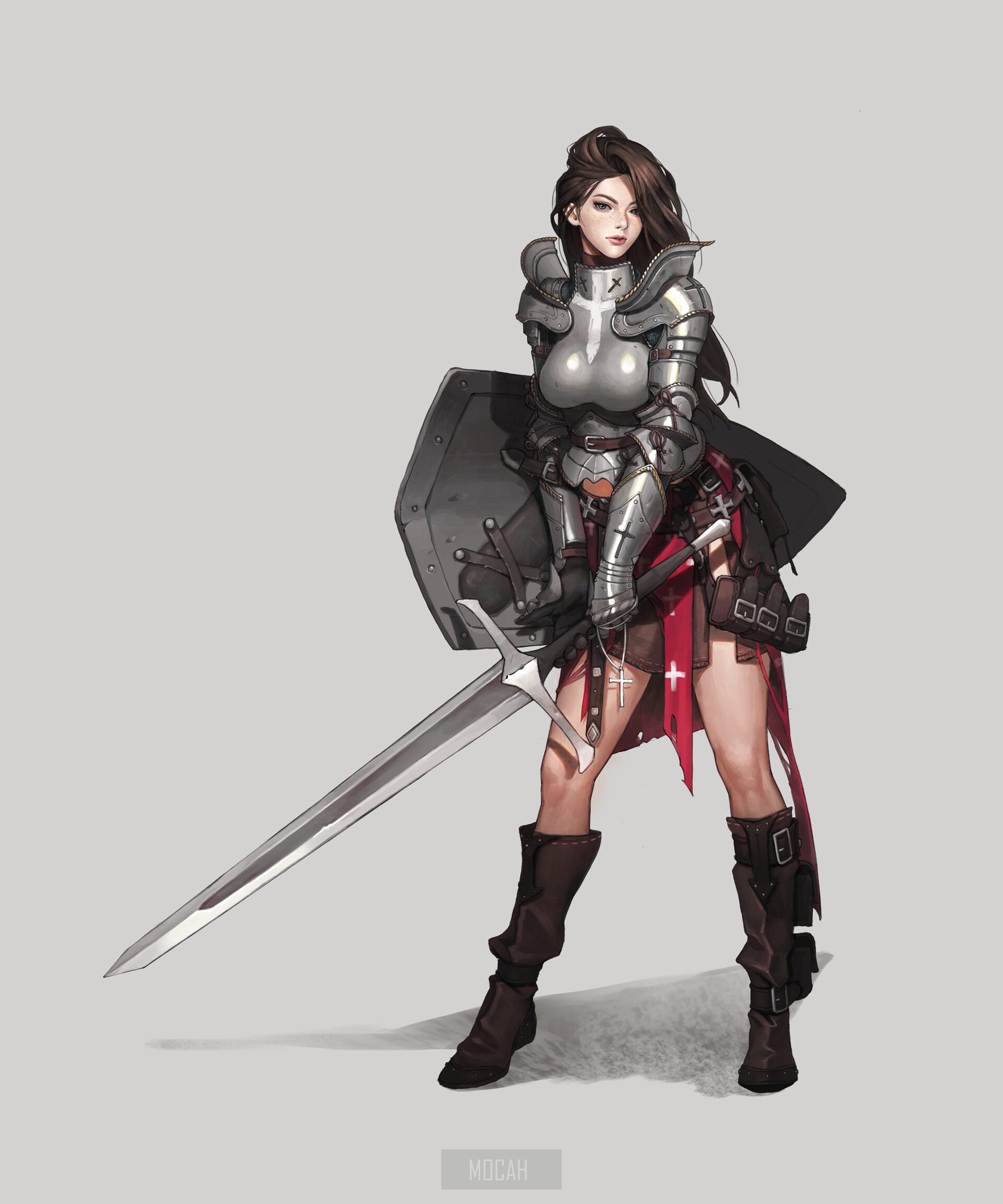 Anime knight girl with sword and shield HD Phone Wallpaper