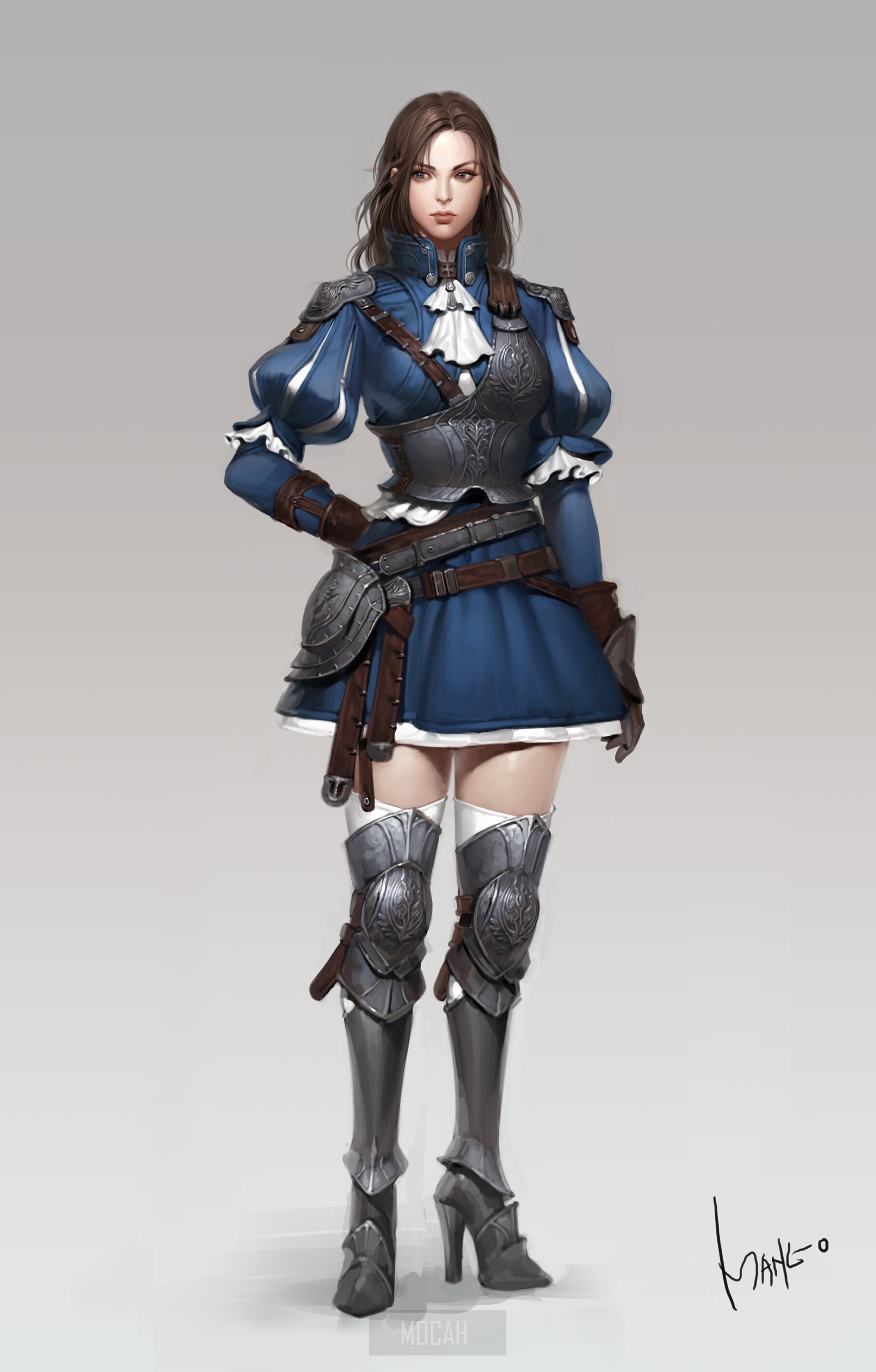 Anime girl in blue dress and armor HD Phone Wallpaper