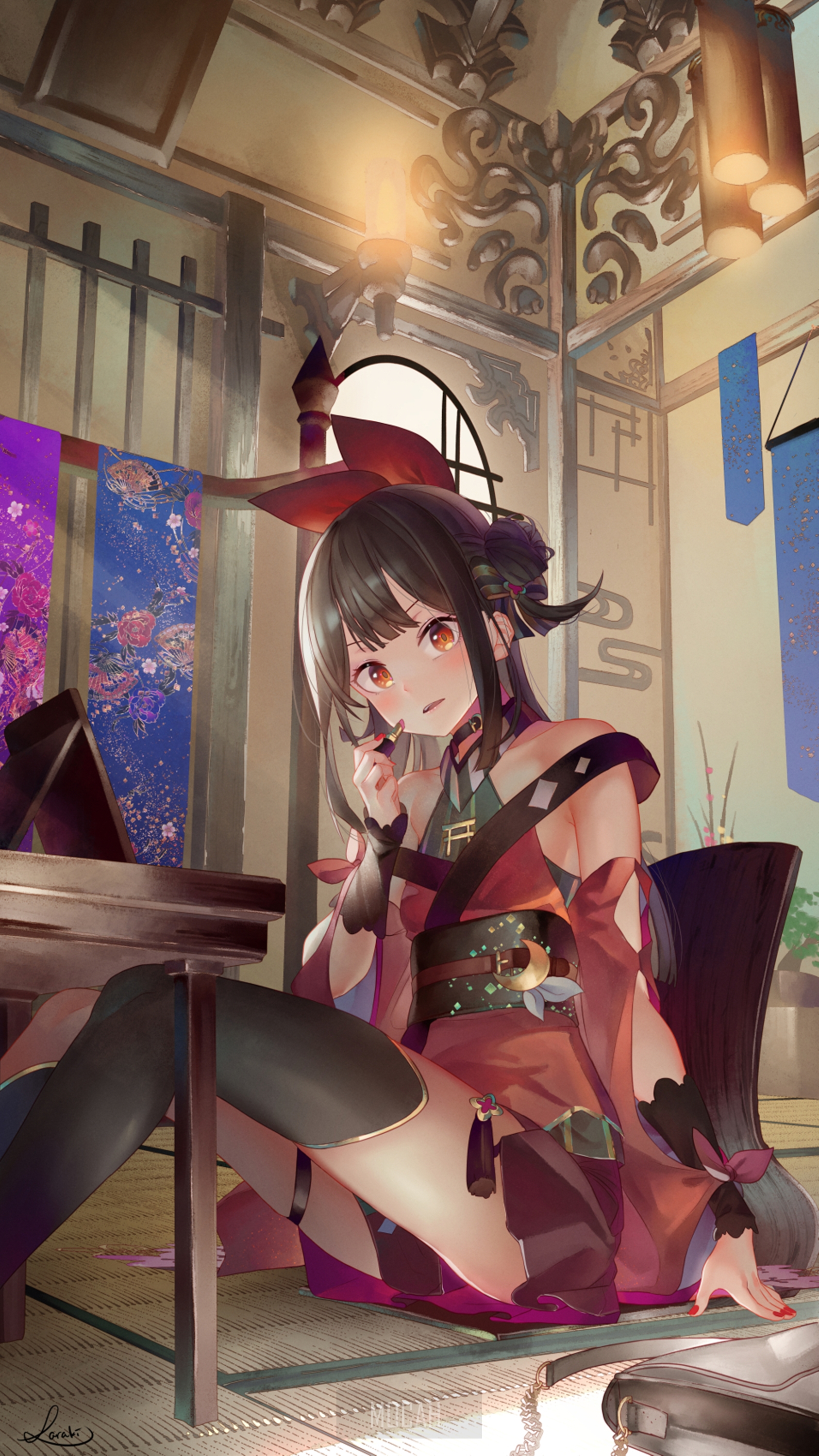 Anime girl in kimono sitting indoors HD Phone Wallpaper