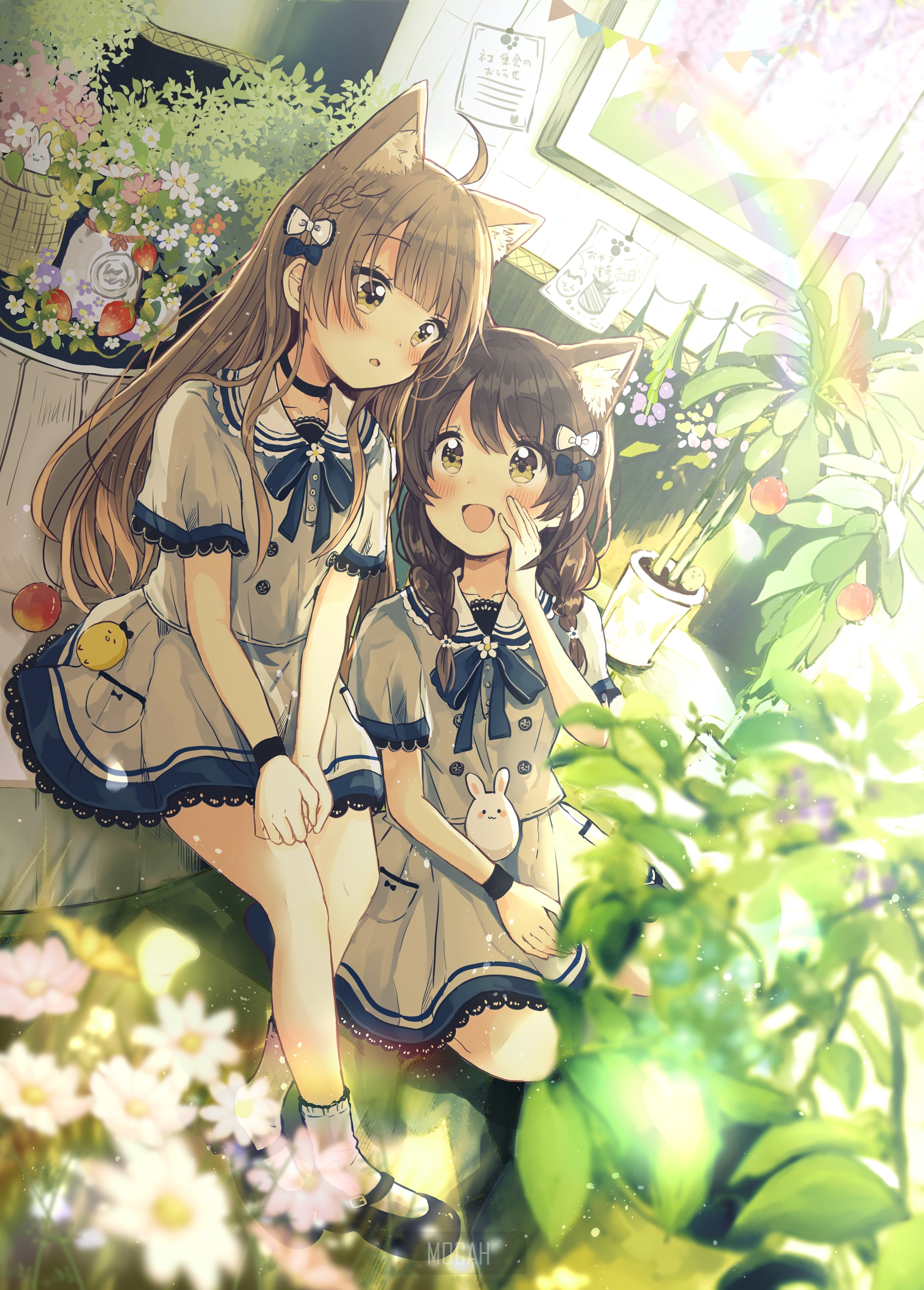 Two anime girls with cat ears in a garden HD Phone Wallpaper