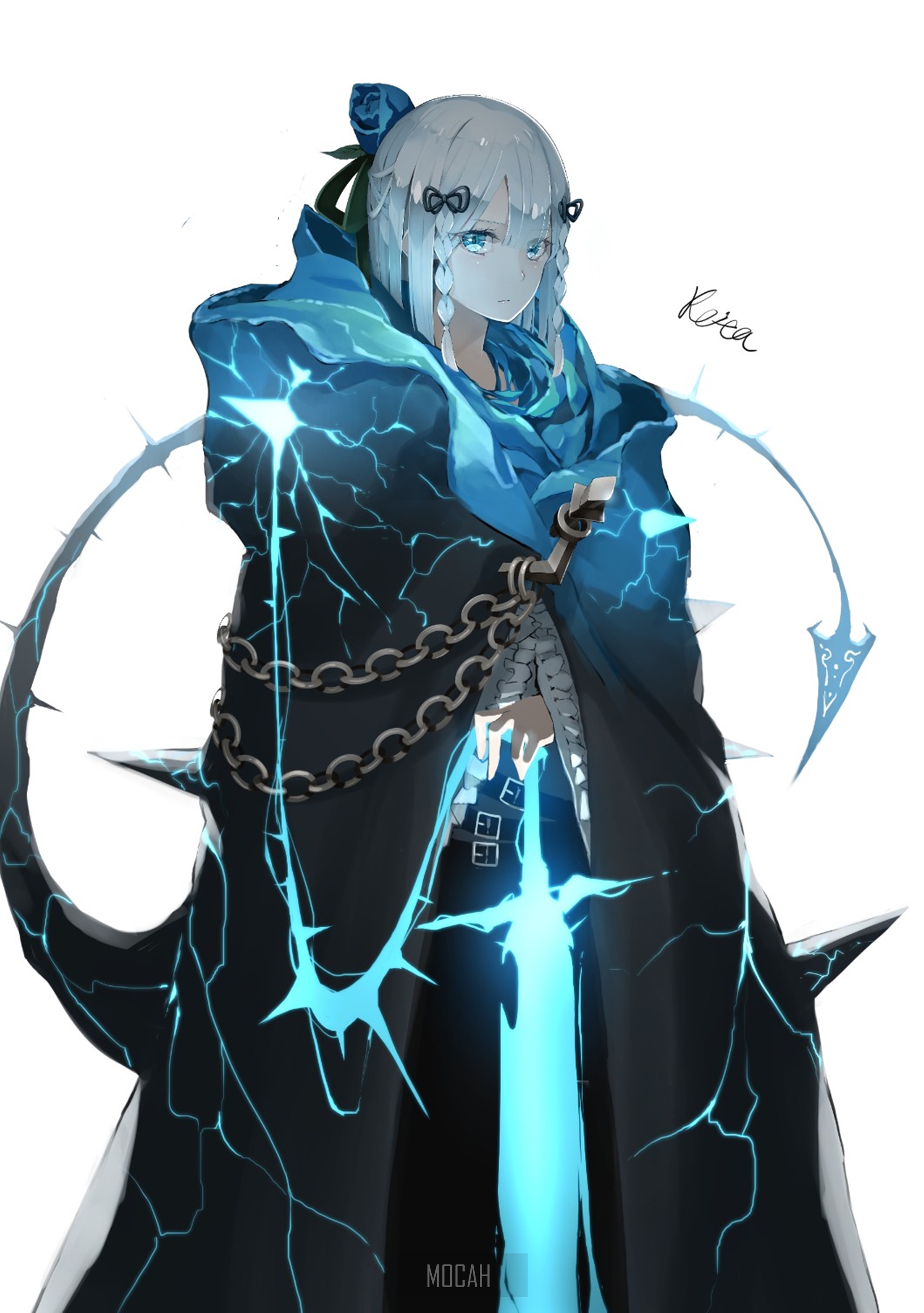 Anime girl with blue magical cloak and sword HD Phone Wallpaper