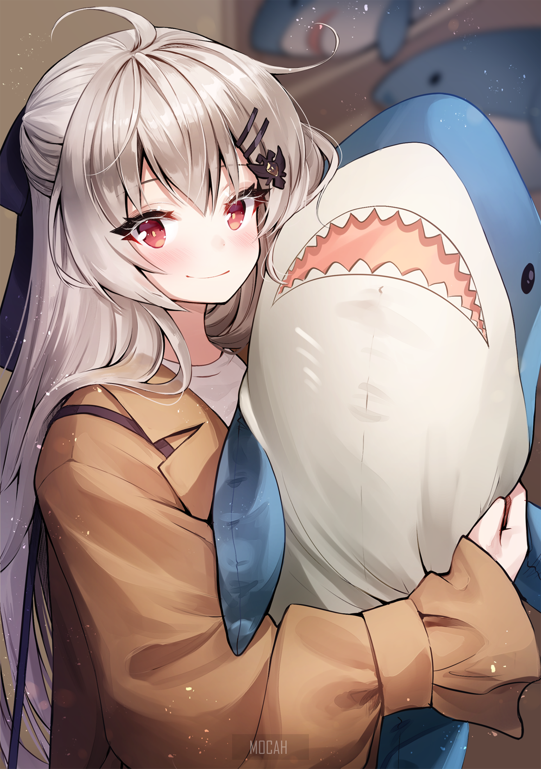 Anime girl with long white hair holding a shark plushie HD Phone Wallpaper