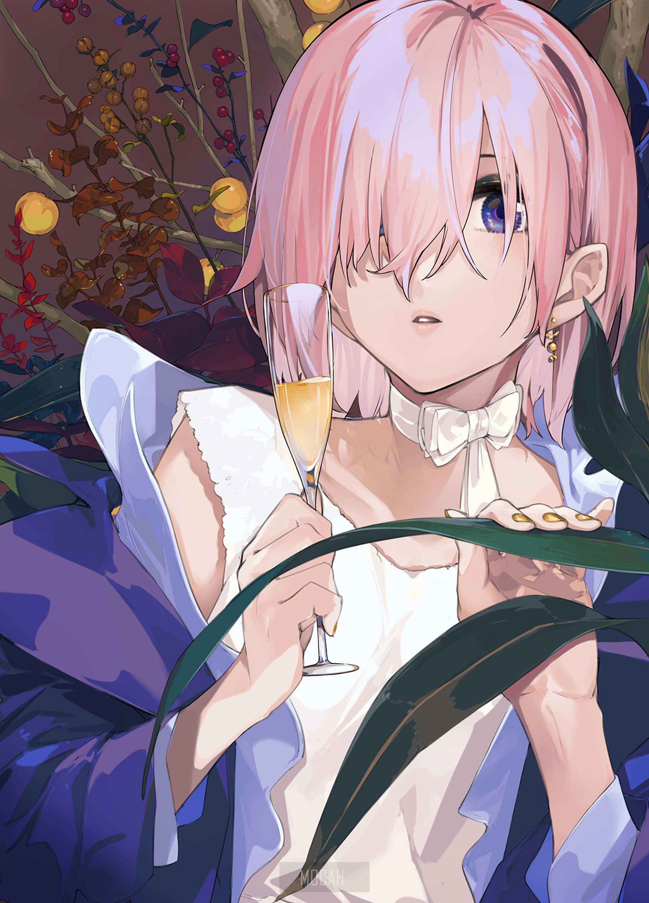 Anime girl with pink hair holding champagne HD Phone Wallpaper