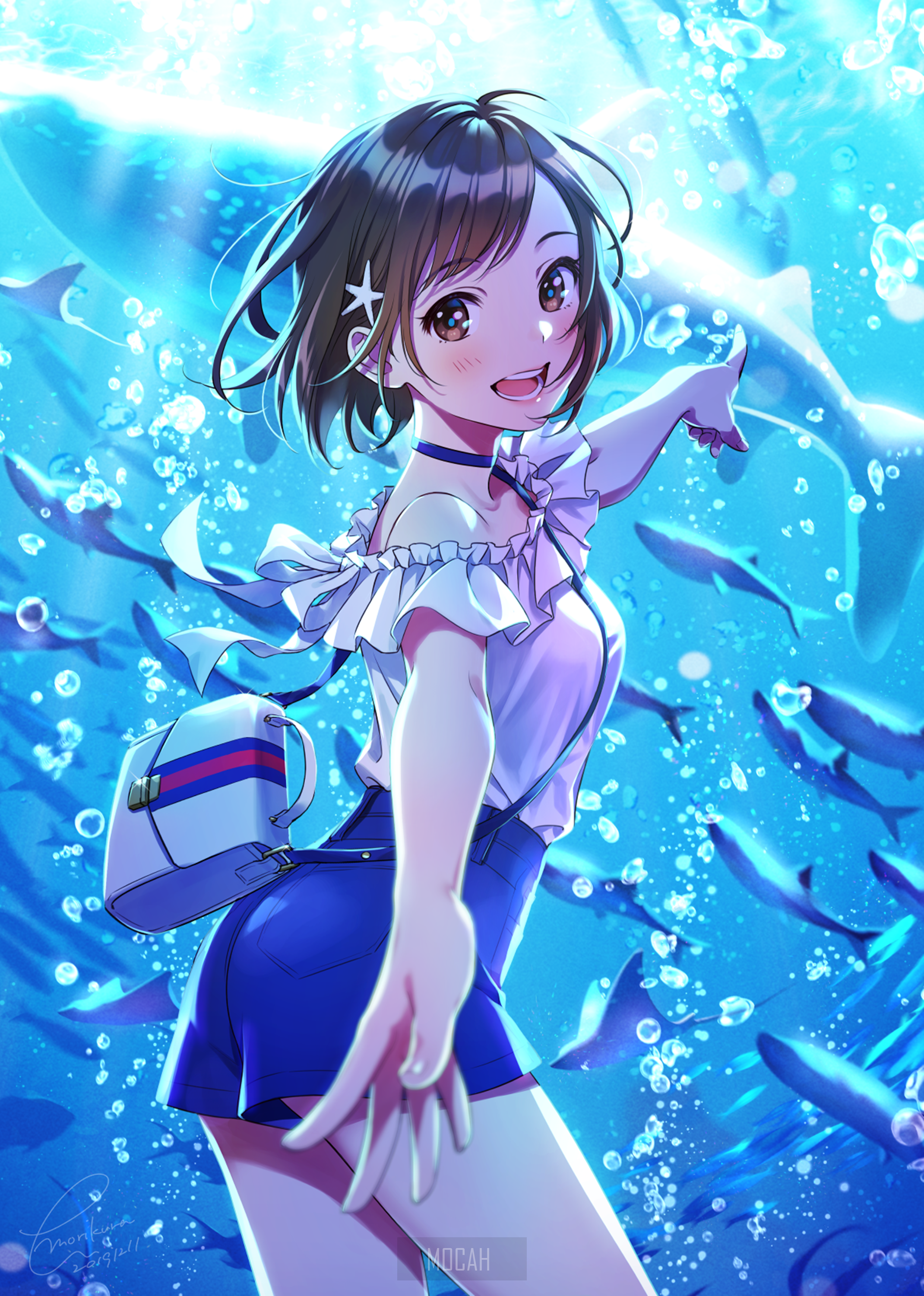 Anime girl in summer outfit at aquarium with sharks HD Phone Wallpaper