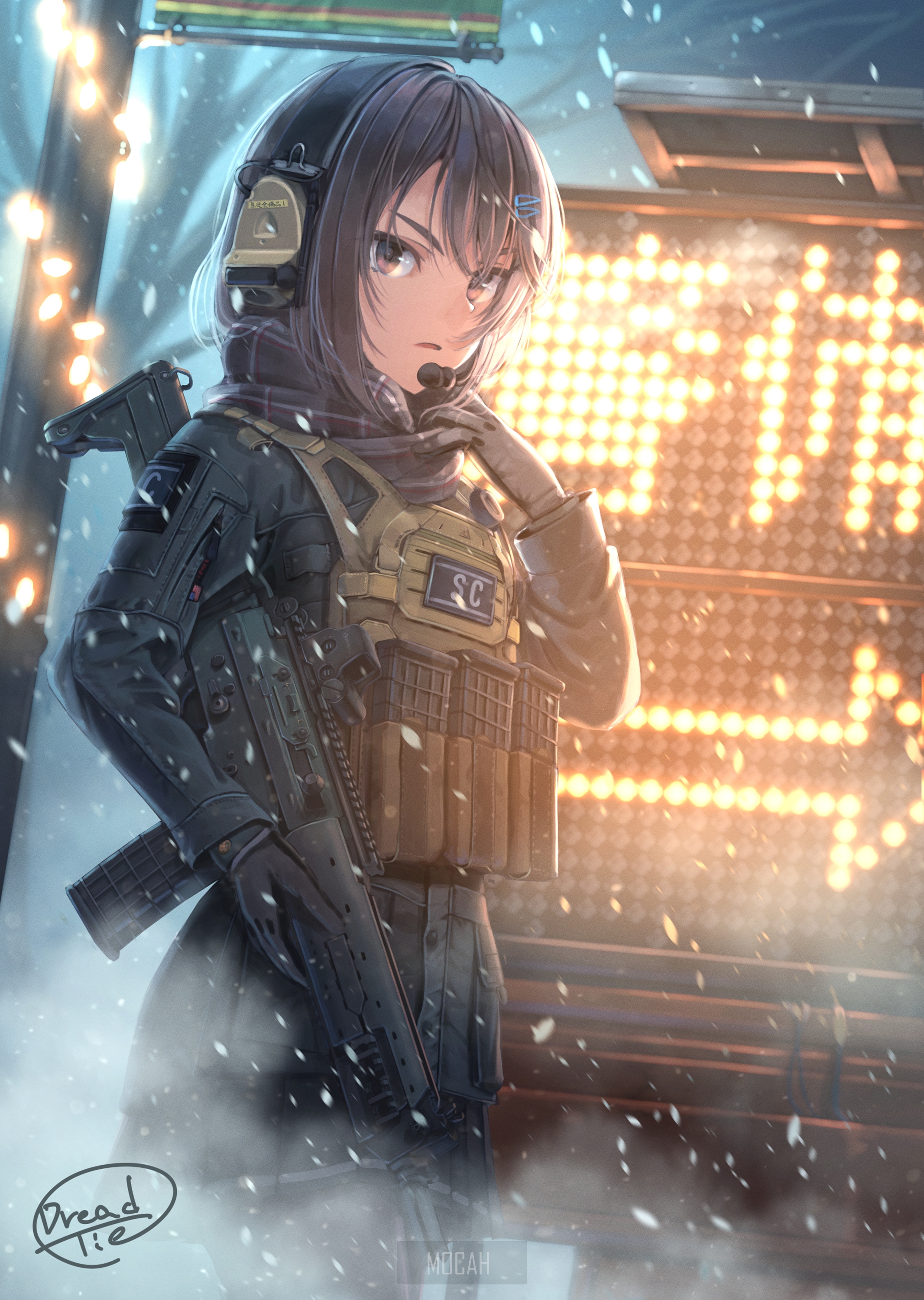Anime girl in tactical gear with rifle HD Phone Wallpaper