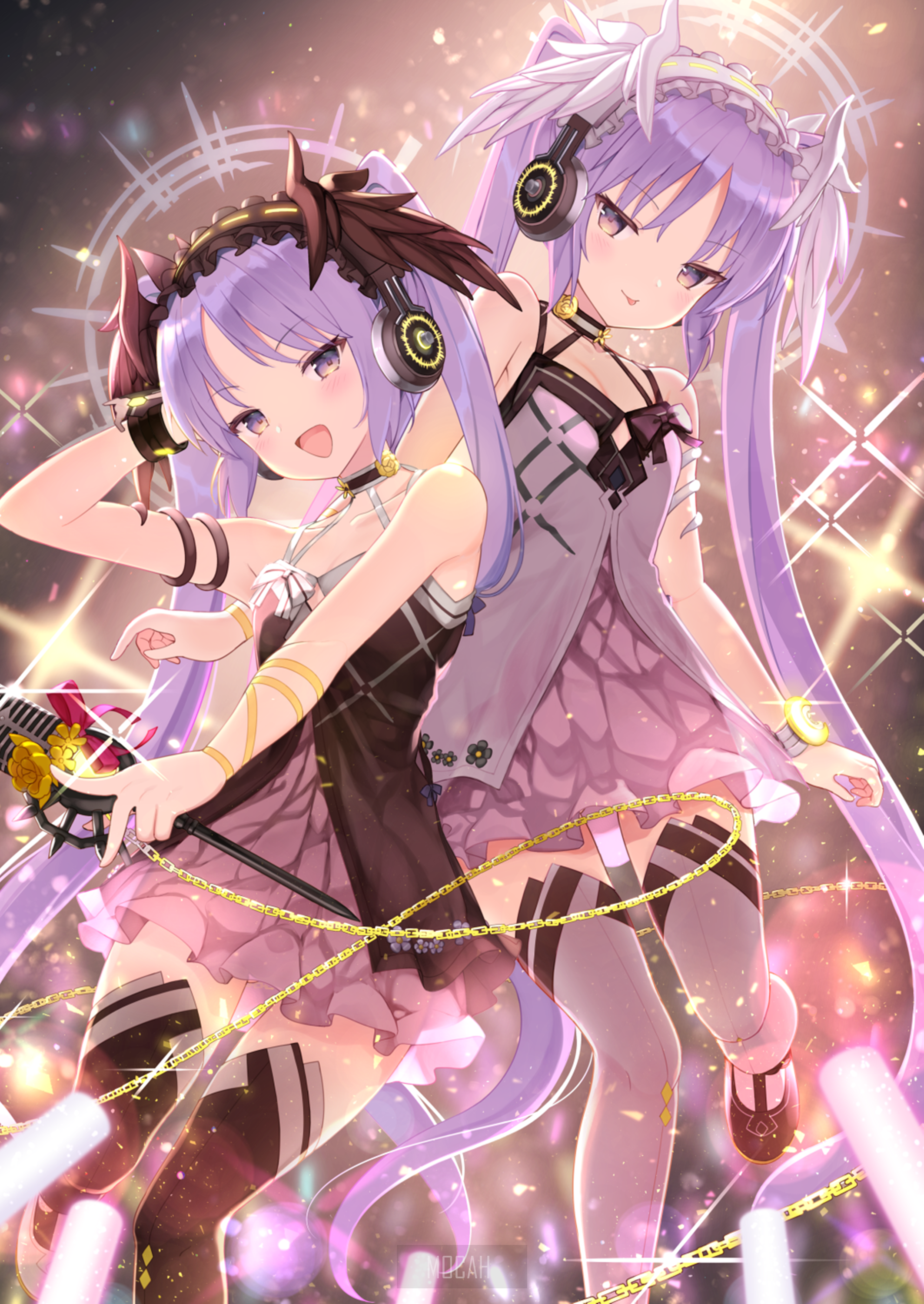 Two anime girls with purple hair and headphones HD Phone Wallpaper