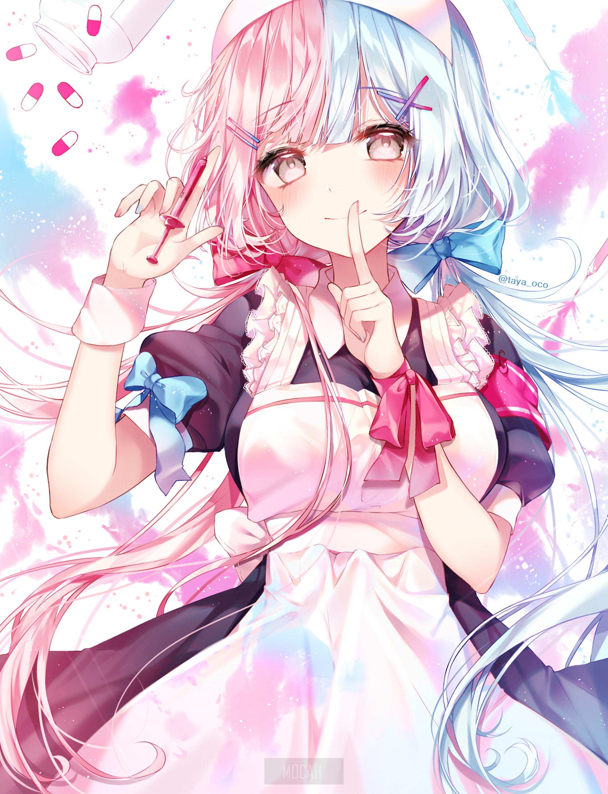 Anime girl with pink and blue hair holding syringe HD Phone Wallpaper