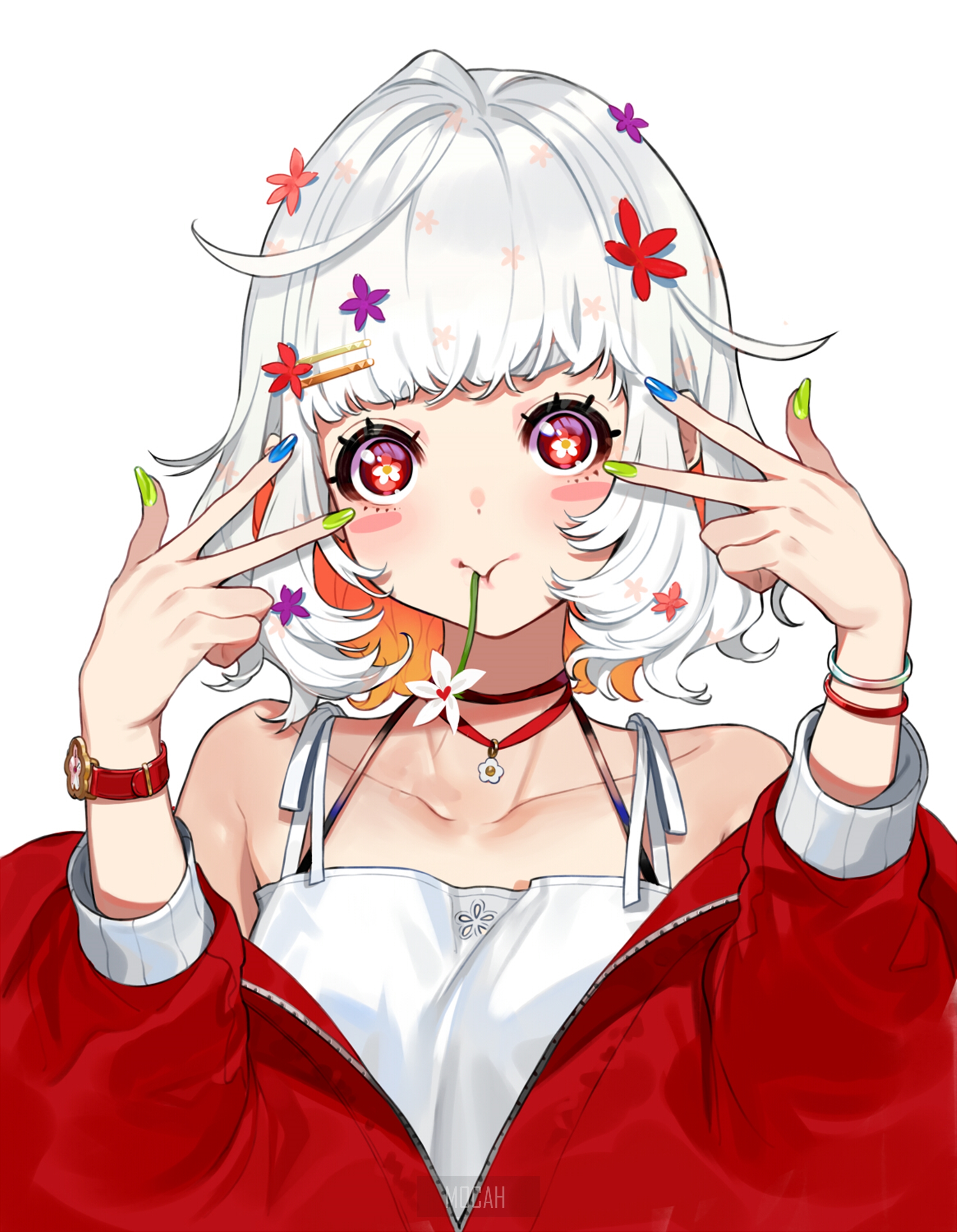 Anime girl with white hair and flowers in hair HD Phone Wallpaper