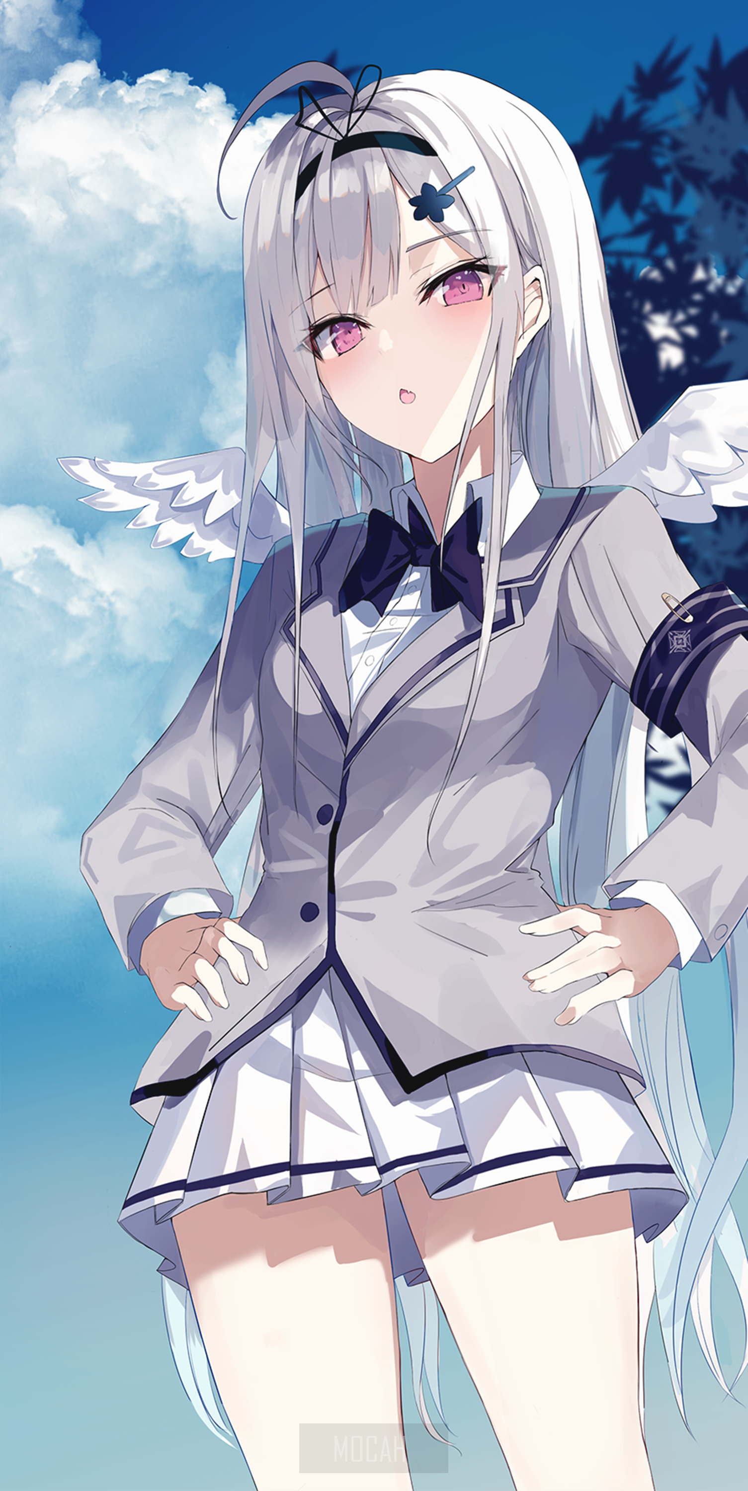Anime girl with white hair and wings HD Phone Wallpaper