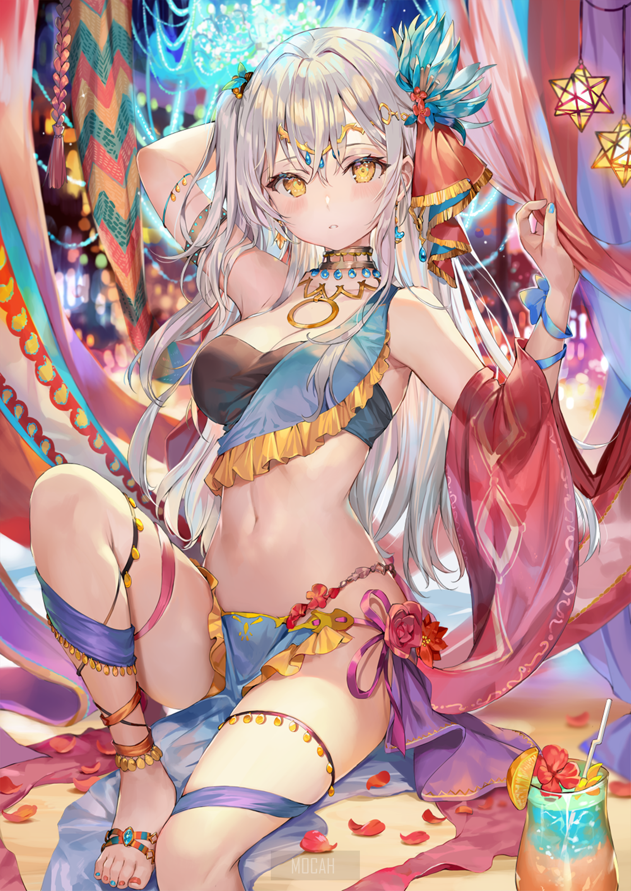 Anime girl in belly dancer outfit with white hair HD Phone Wallpaper
