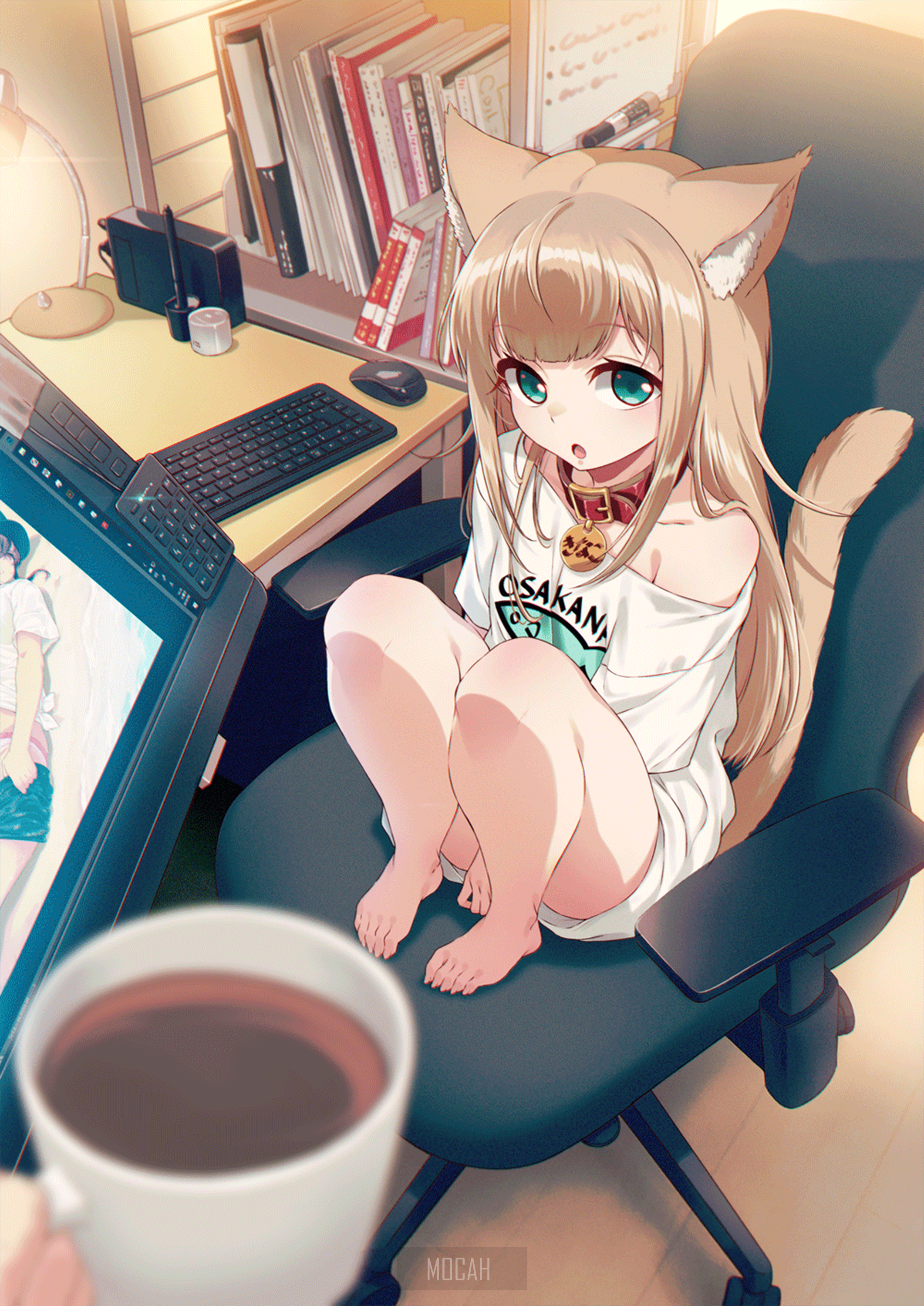 Anime girl with cat ears at a desk HD Phone Wallpaper