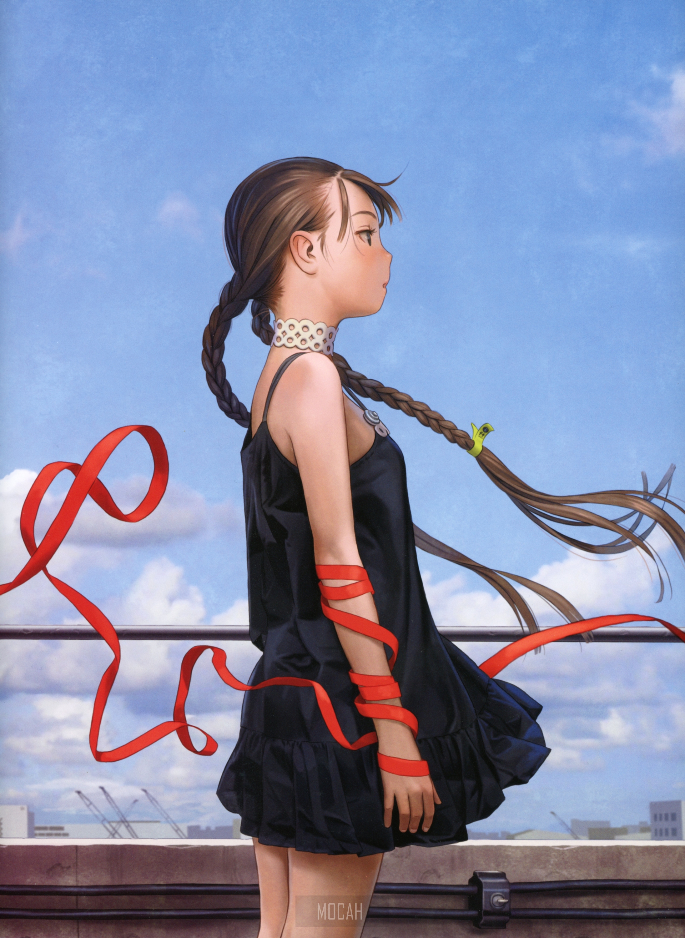 Anime girl with braided hair and red ribbons HD Phone Wallpaper