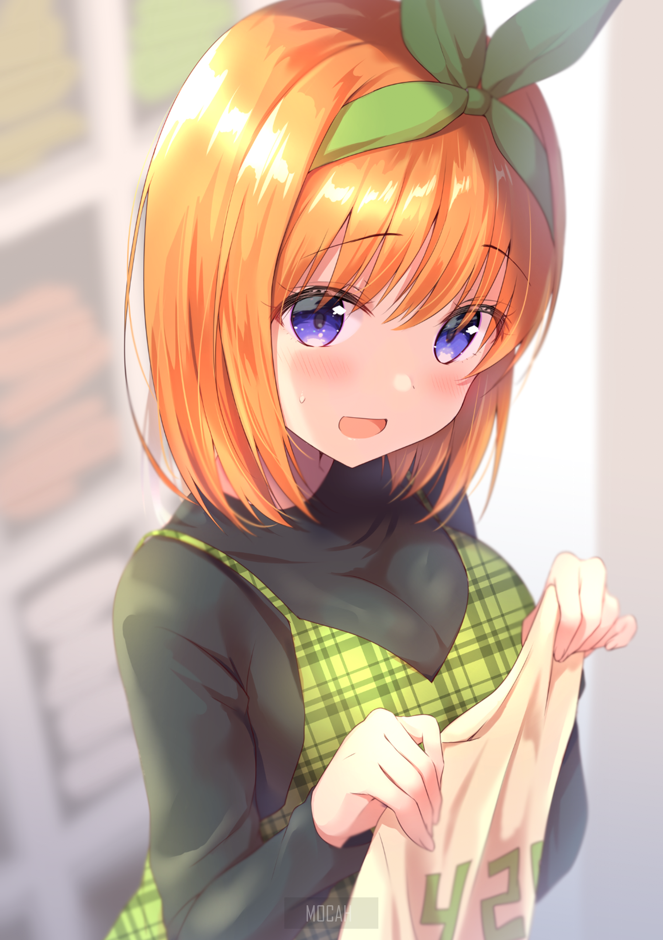 Anime girl with orange hair and purple eyes holding a shirt HD Phone Wallpaper