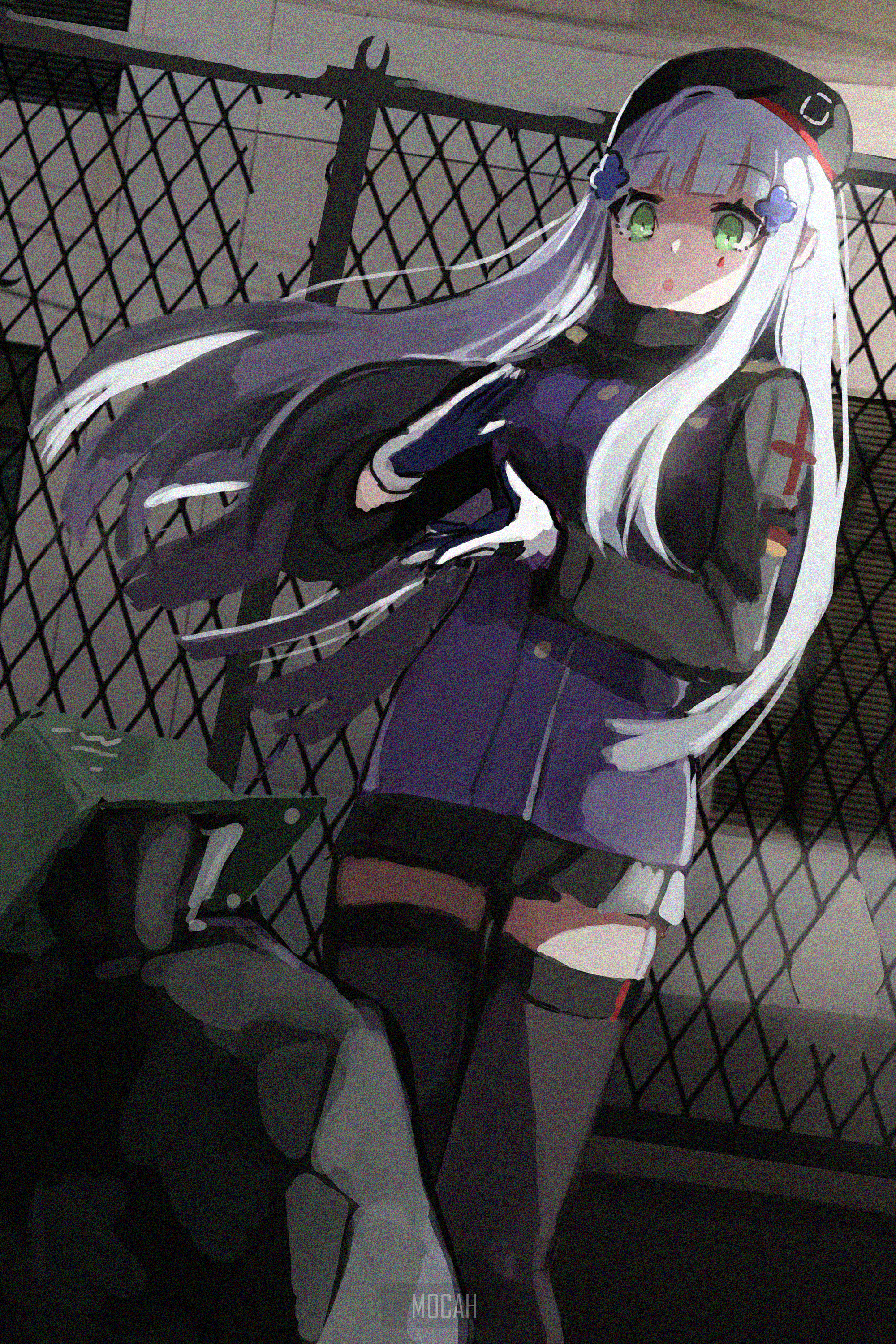 HK416 from Girls Frontline standing near a fence HD Phone Wallpaper