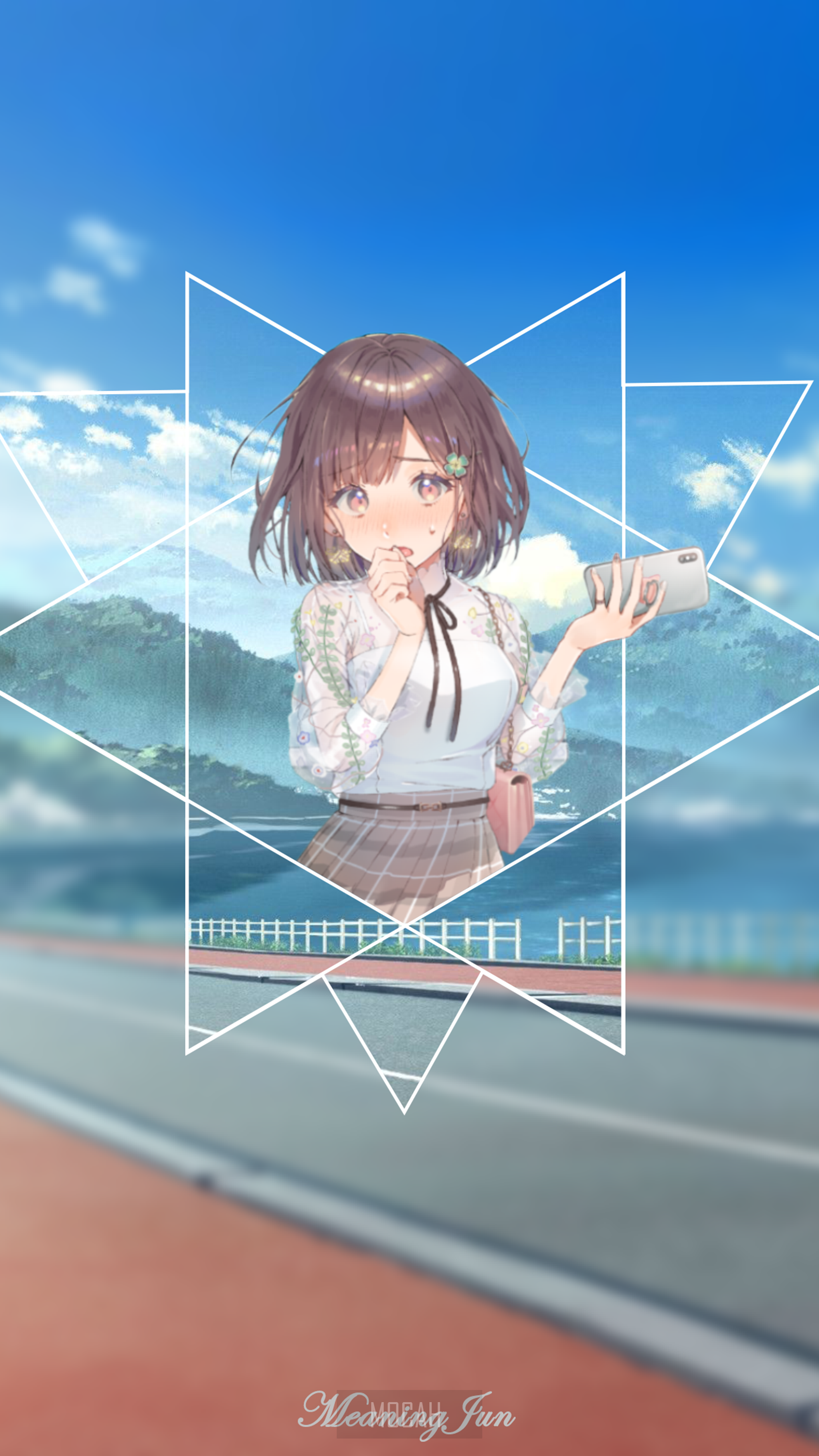 Anime girl with phone and geometric overlay HD Phone Wallpaper