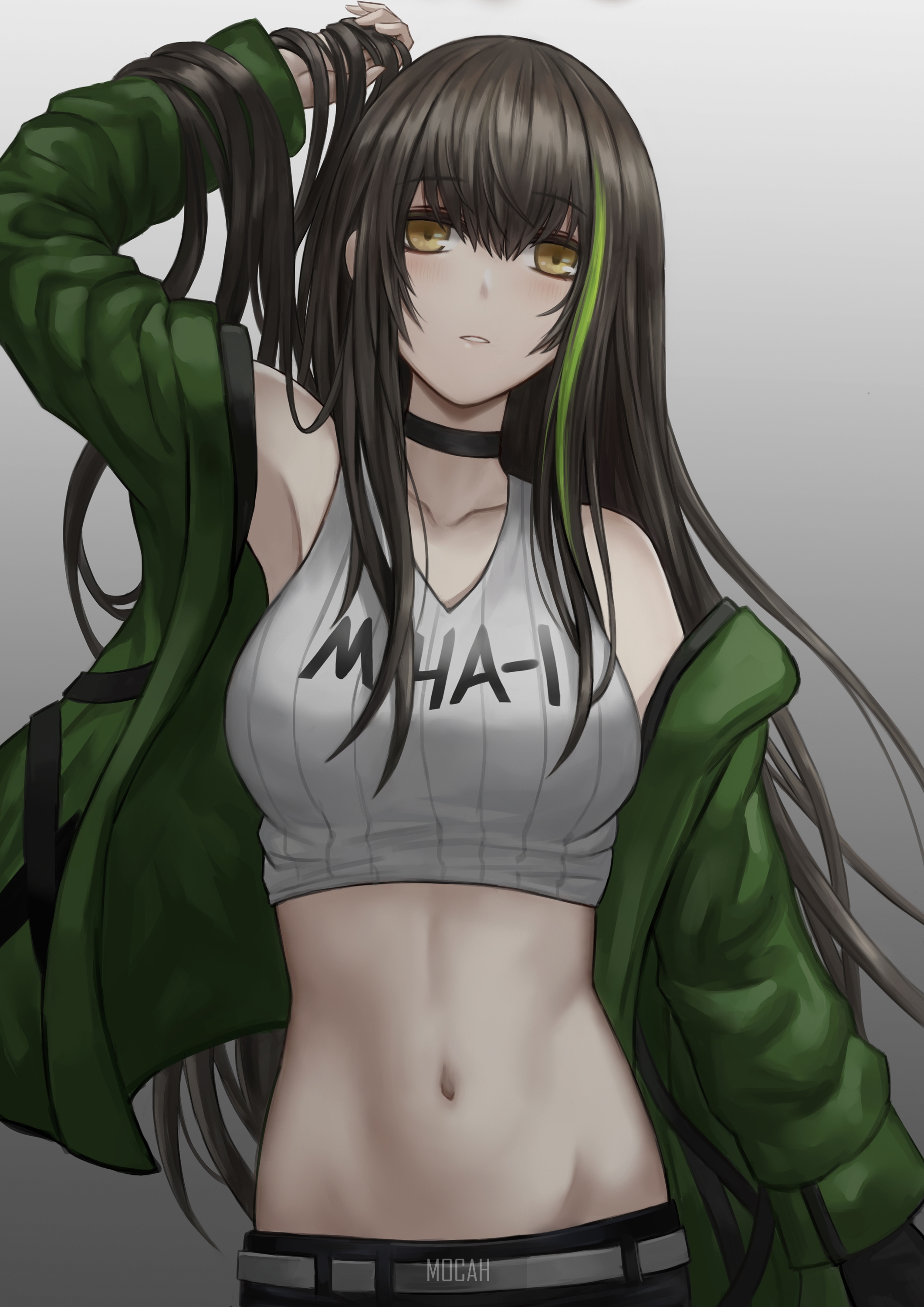 Anime girl with dark hair and green highlights HD Phone Wallpaper