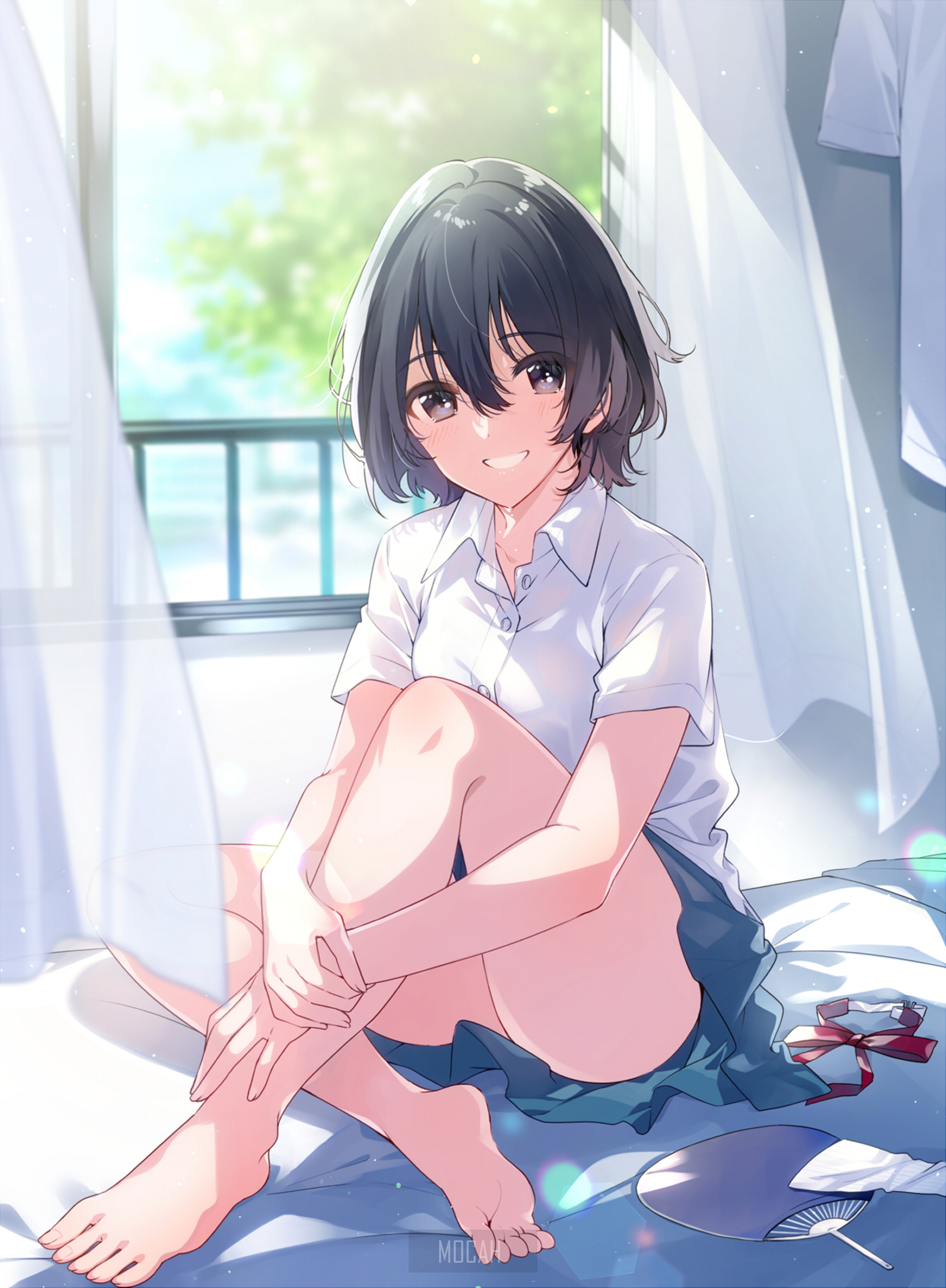 Anime girl in school uniform sitting by window HD Phone Wallpaper