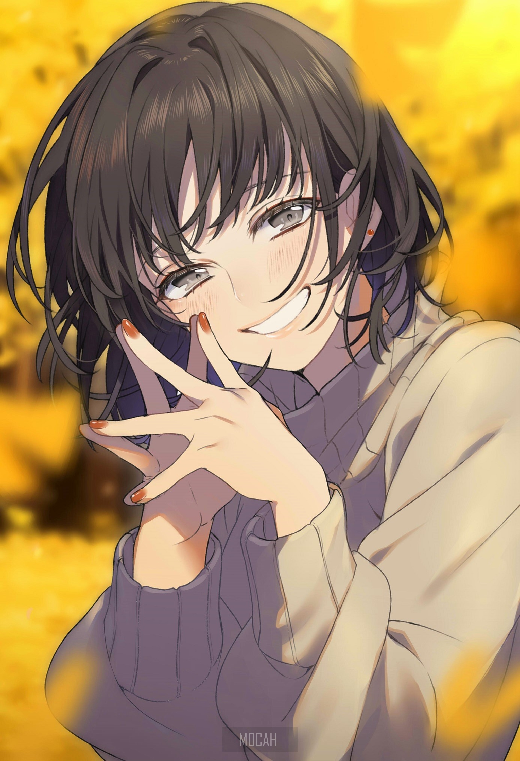 Anime girl with dark hair smiling HD Phone Wallpaper