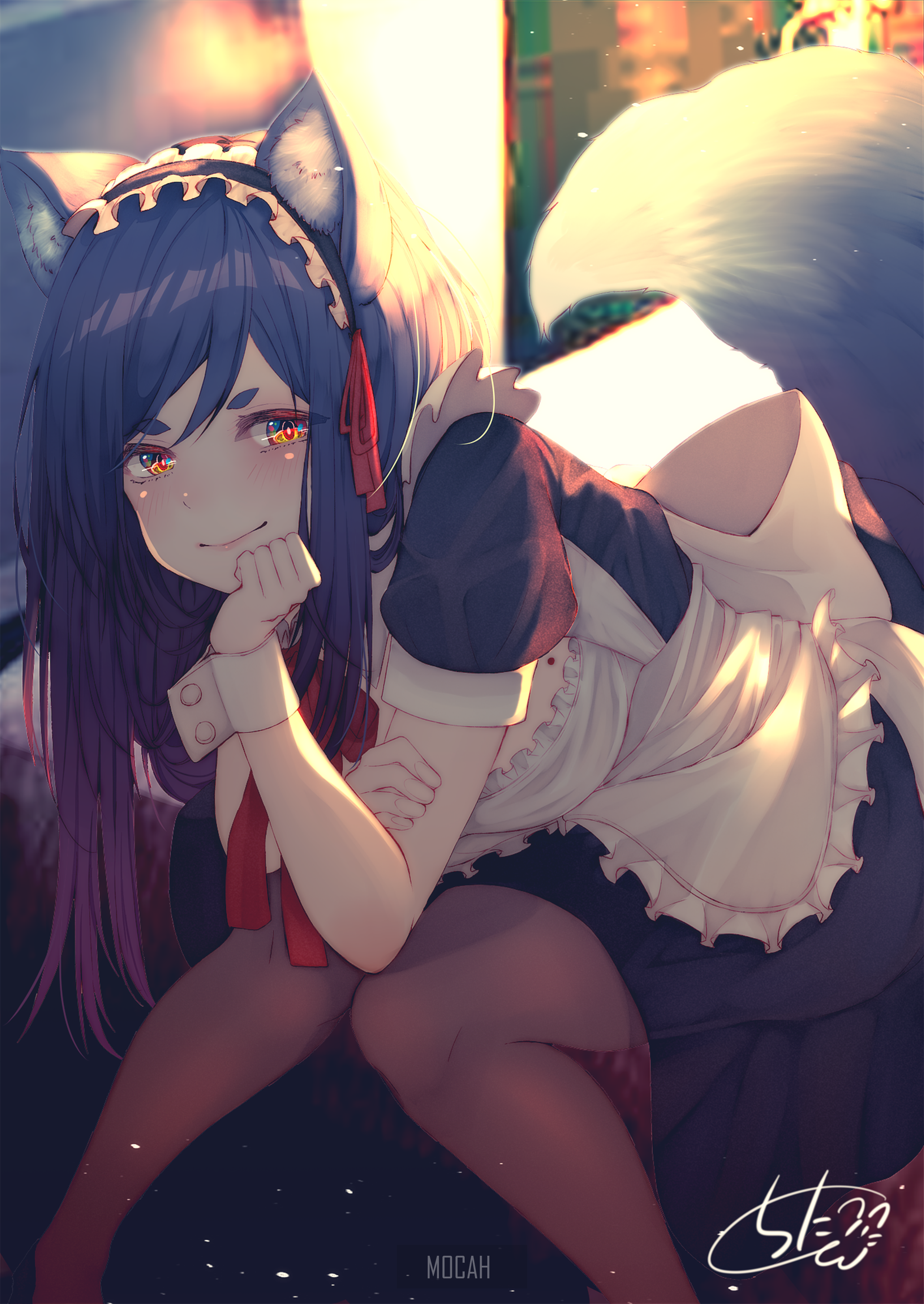 Fox girl in maid outfit with fluffy tail HD Phone Wallpaper