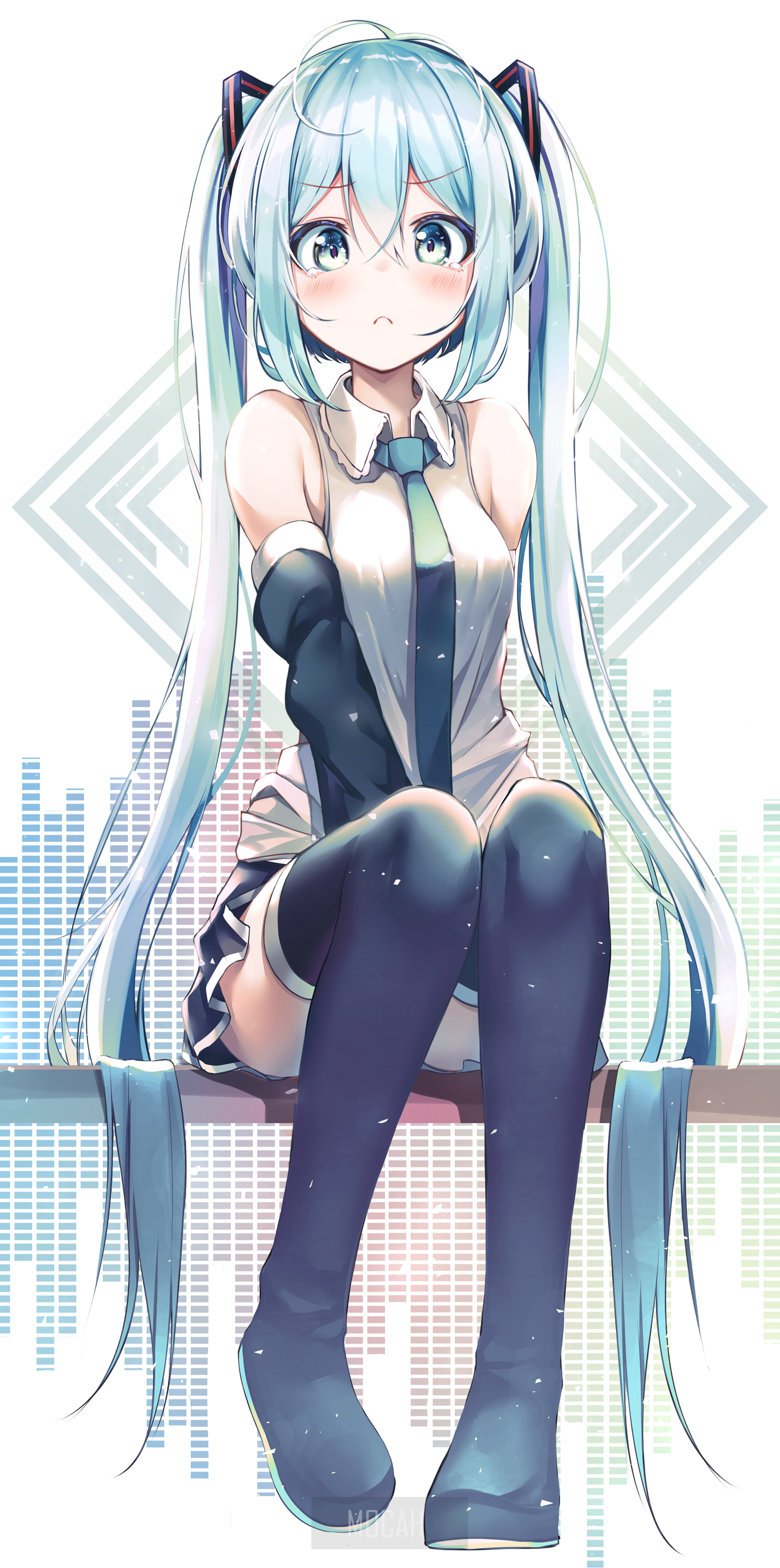 Anime girl with blue hair and stockings sitting HD Phone Wallpaper