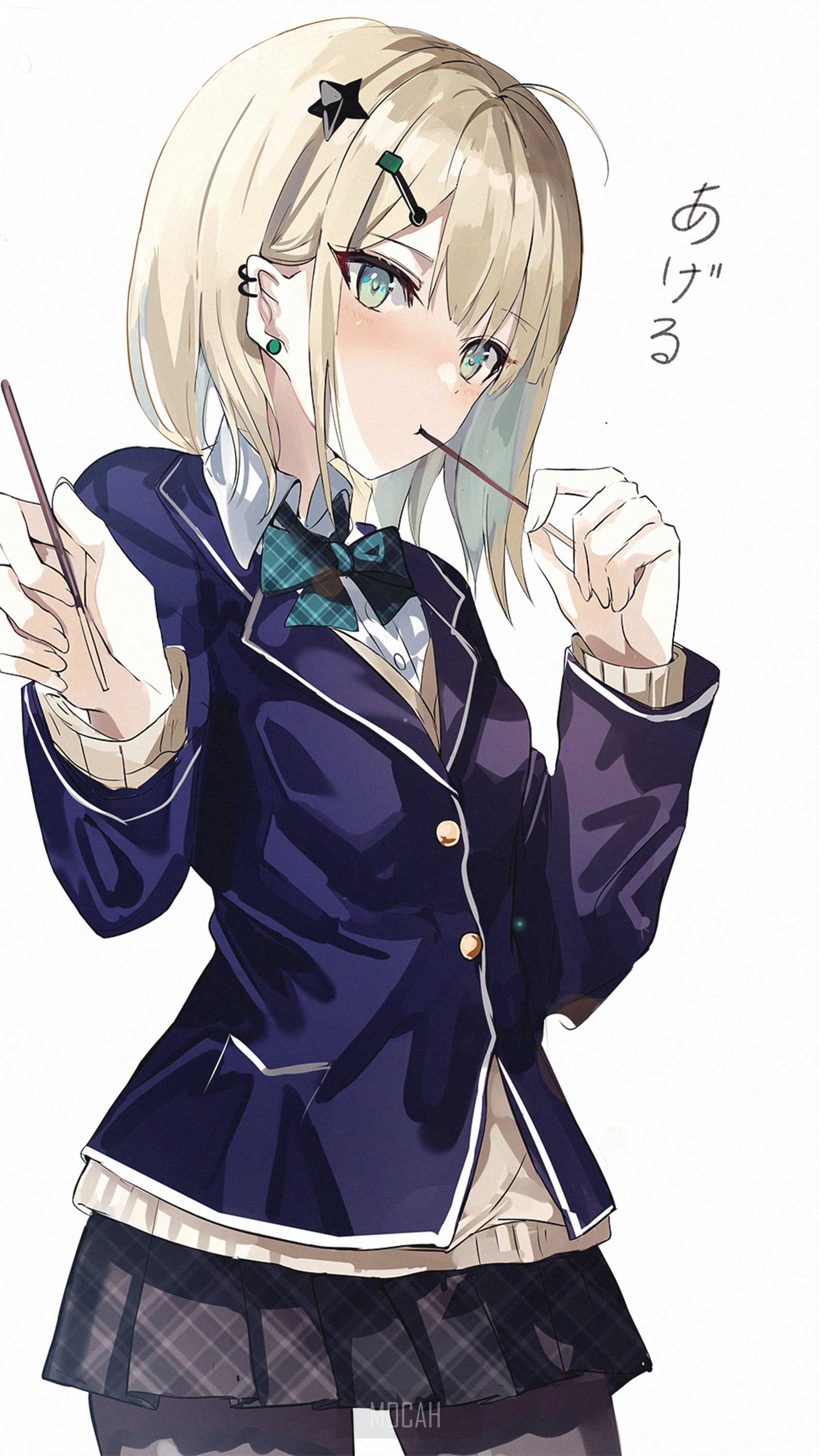 Anime girl with blonde hair eating chocolate stick HD Phone Wallpaper