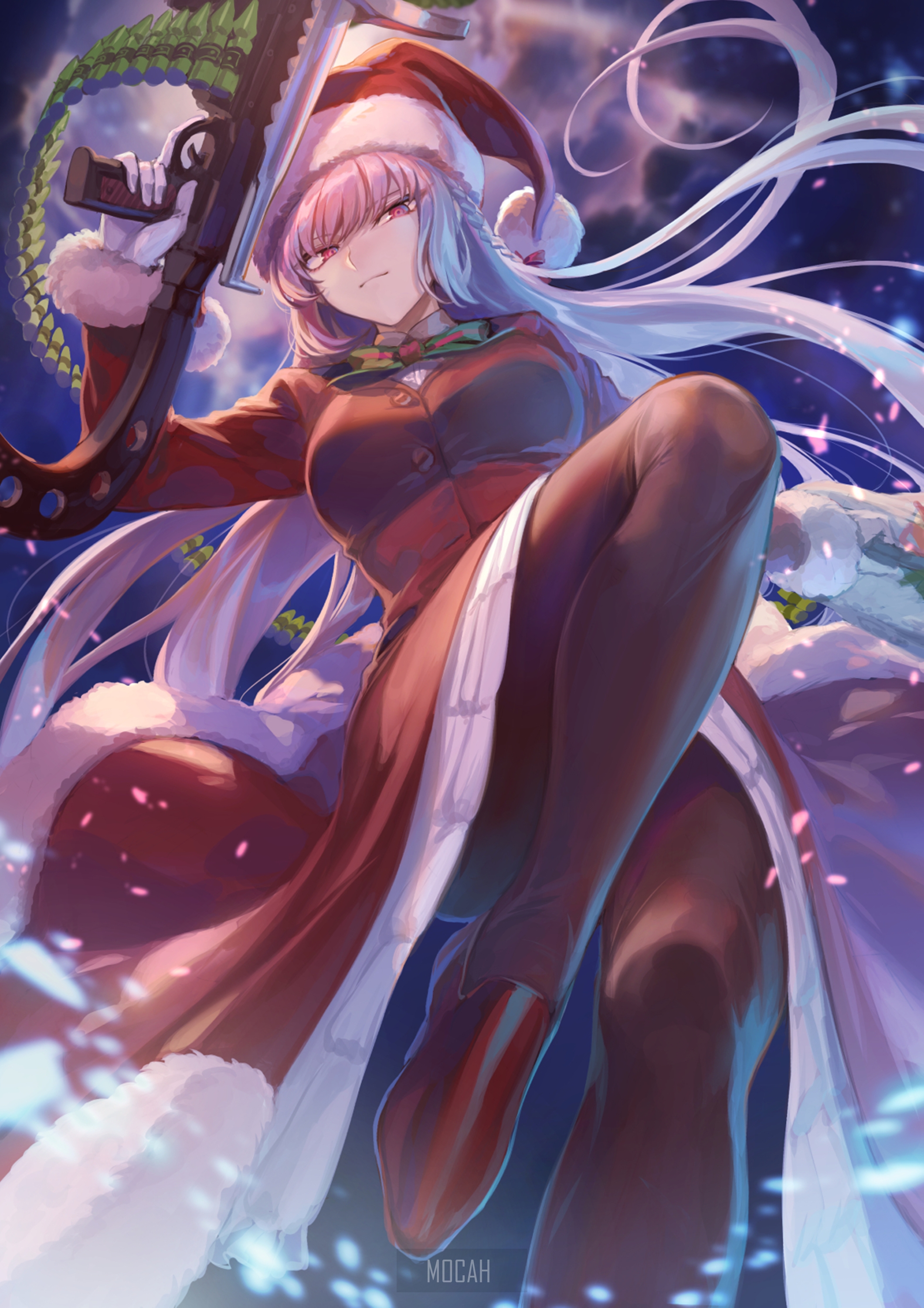 Anime girl in Santa hat with gun HD Phone Wallpaper