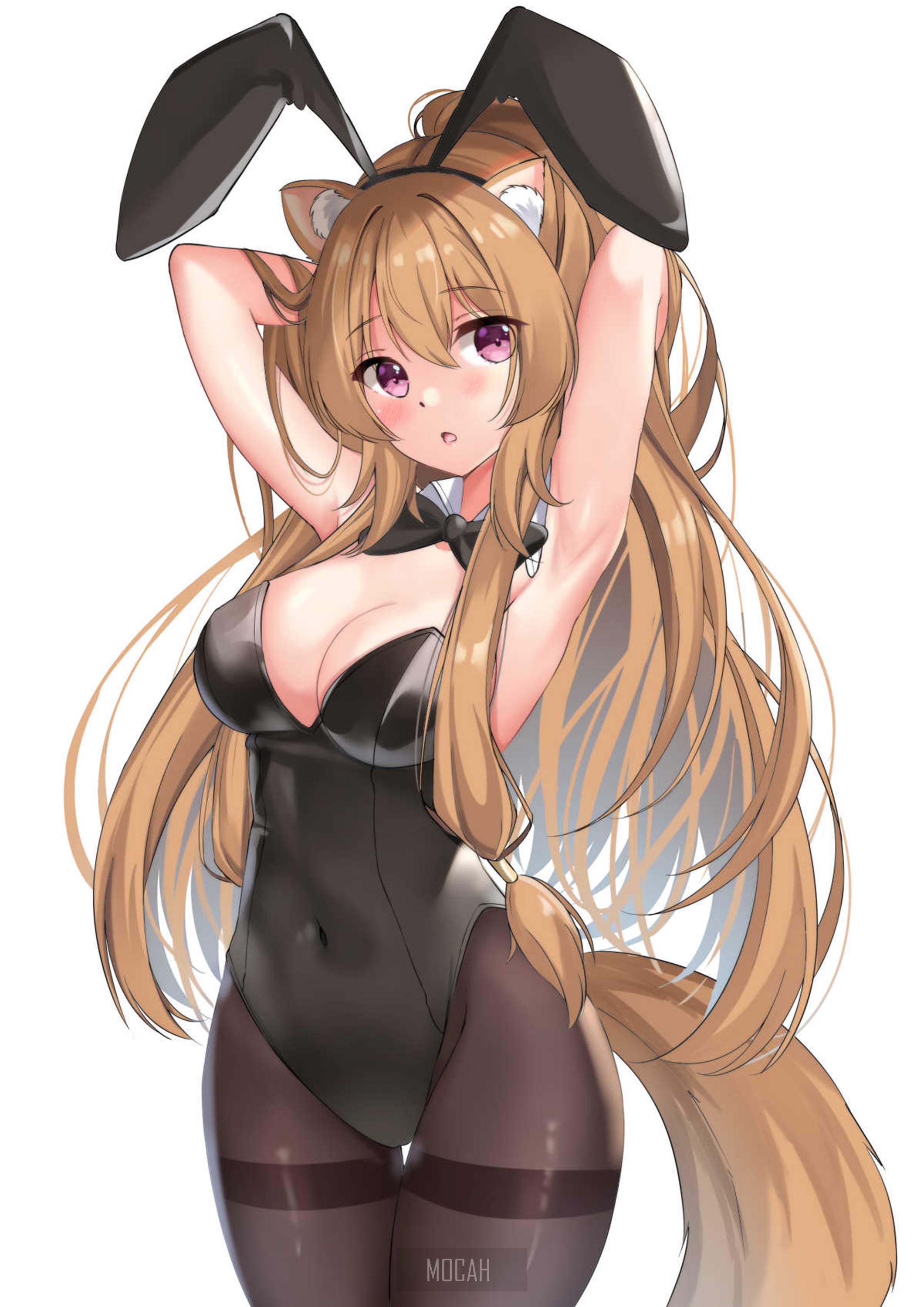 Anime girl with bunny ears in a black bodysuit HD Phone Wallpaper