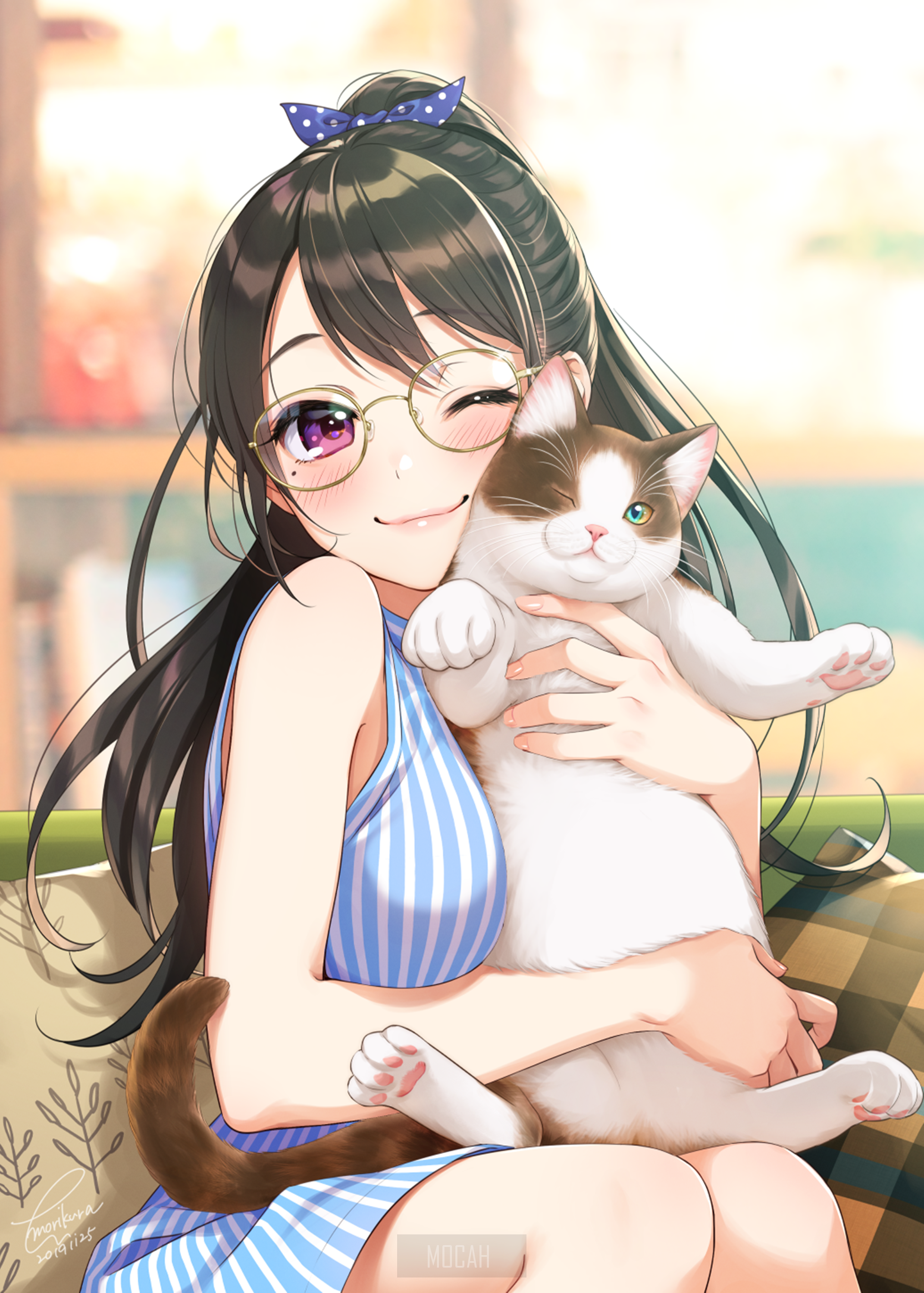 Anime girl with glasses holding a cat HD Phone Wallpaper