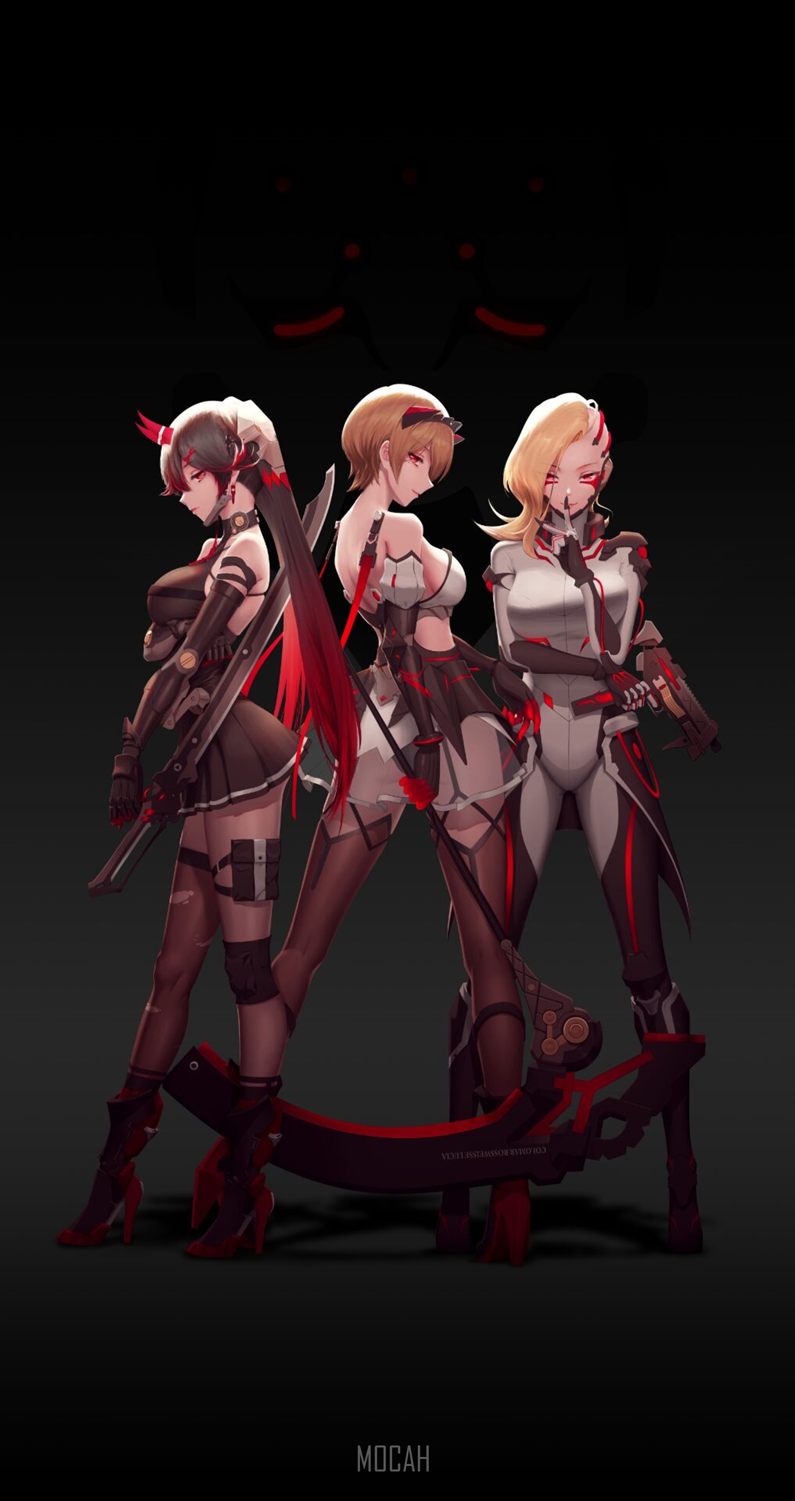 Three anime girls with red accents and weapons HD Phone Wallpaper