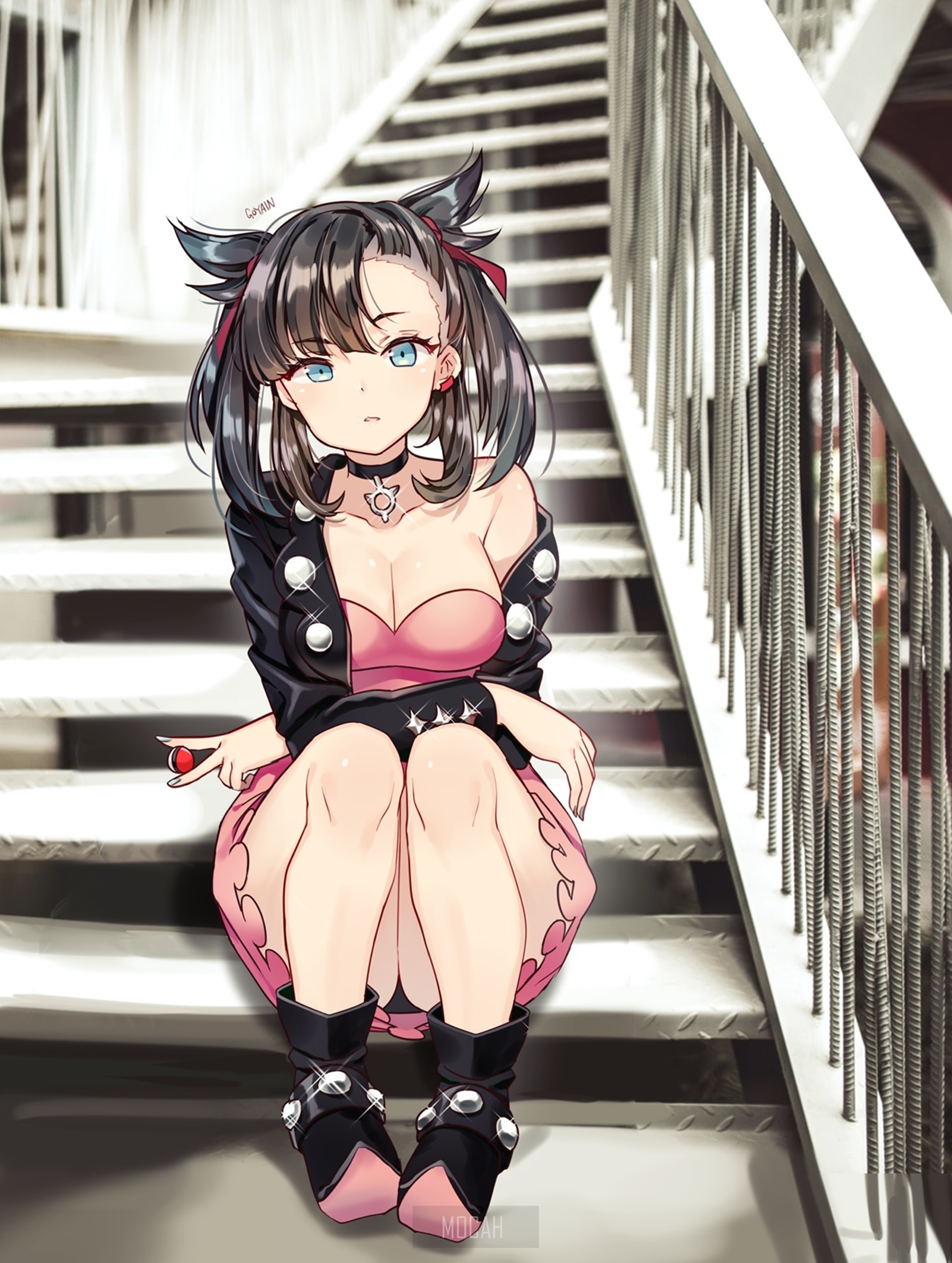 Marnie from Pokémon Sword and Shield sitting on stairs HD Phone Wallpaper