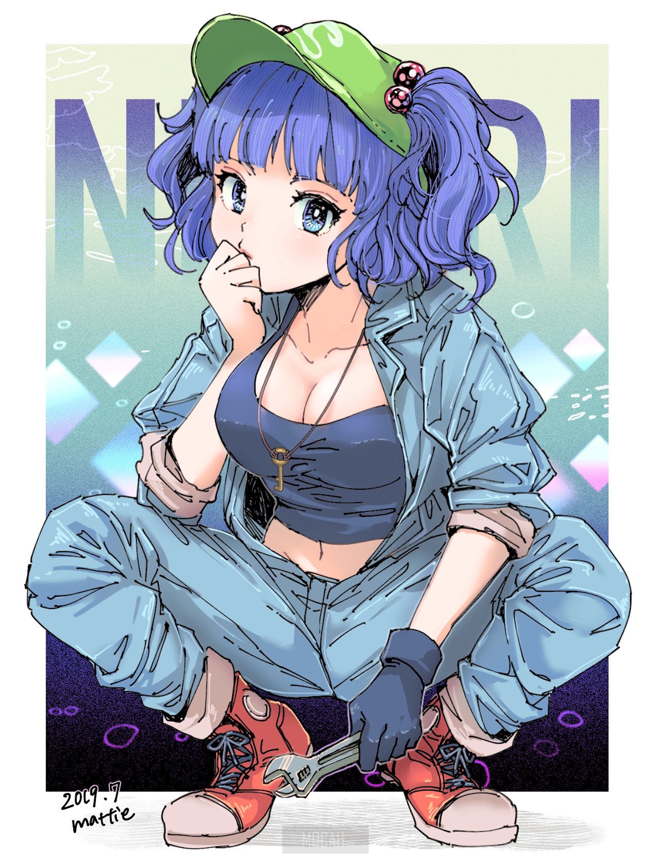 Anime girl in overalls with a wrench HD Phone Wallpaper