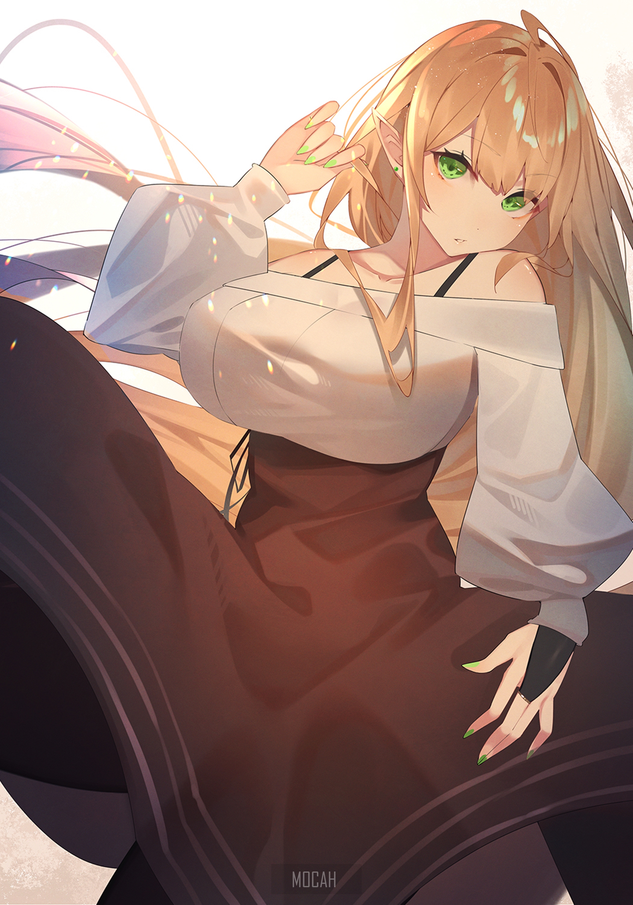 Anime girl with blonde hair and green eyes HD Phone Wallpaper