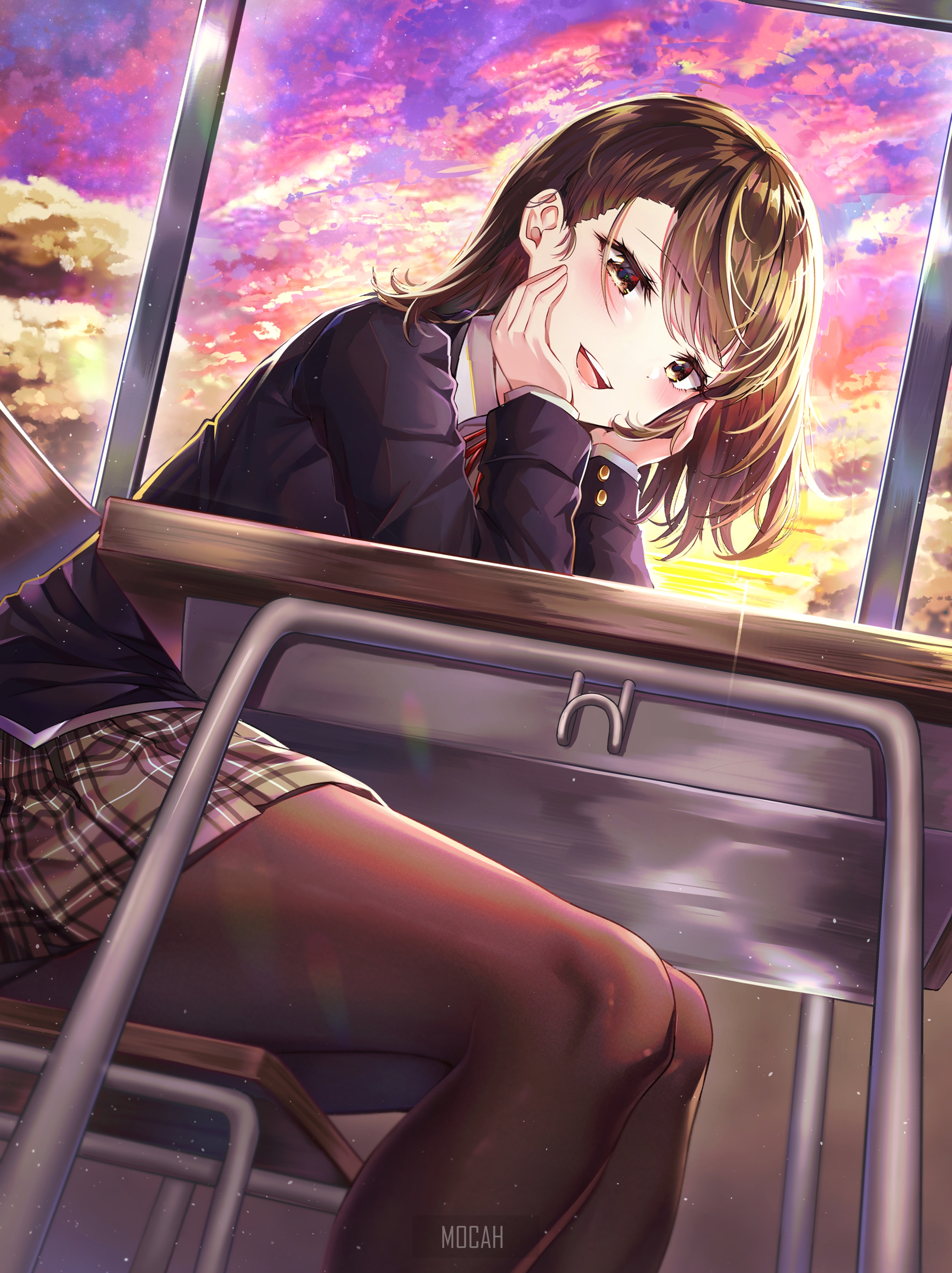Anime Girl at Sunset in School Uniform HD Phone Wallpaper