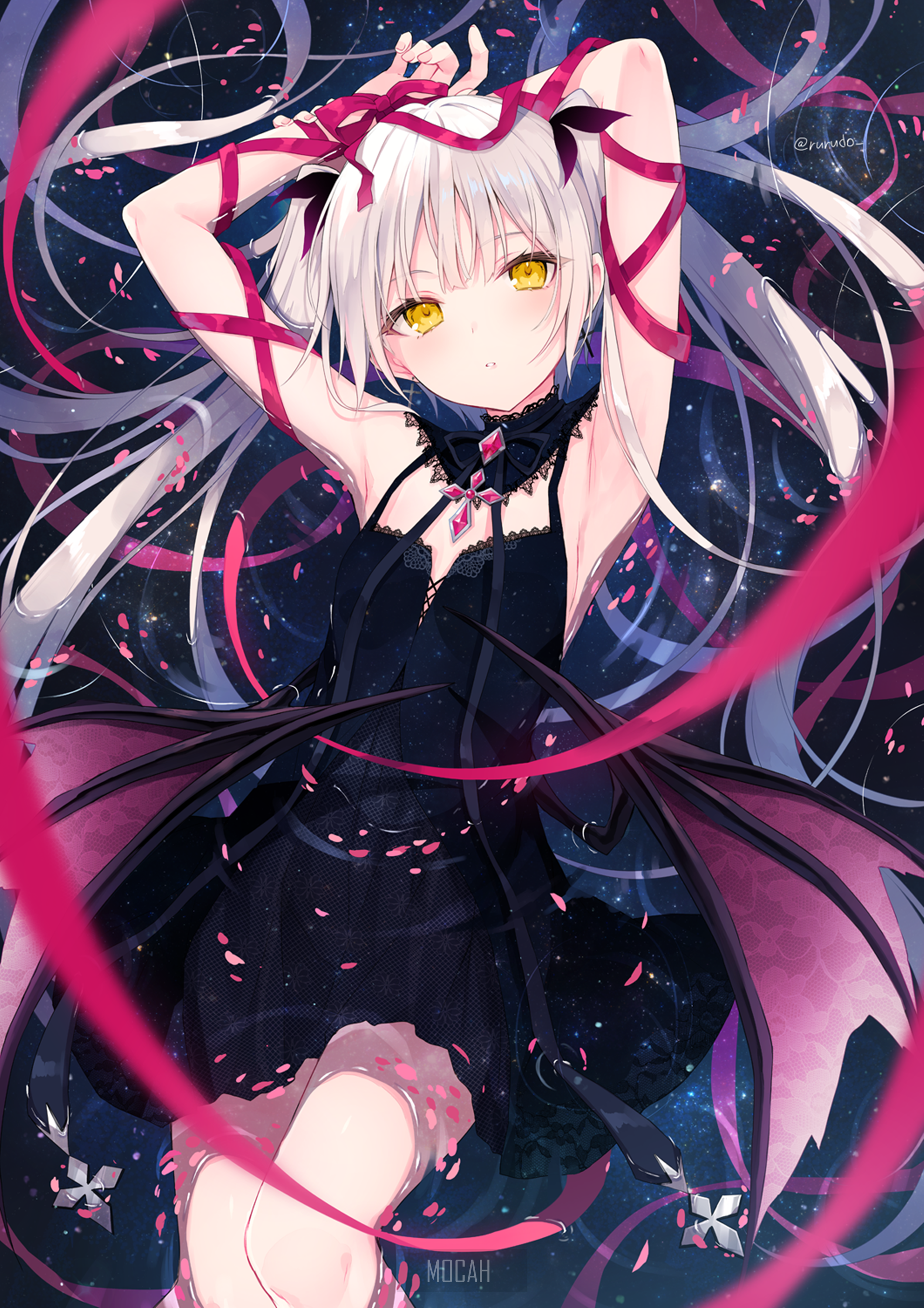 Elegant Anime Girl in Black Dress with Ribbons HD Phone Wallpaper