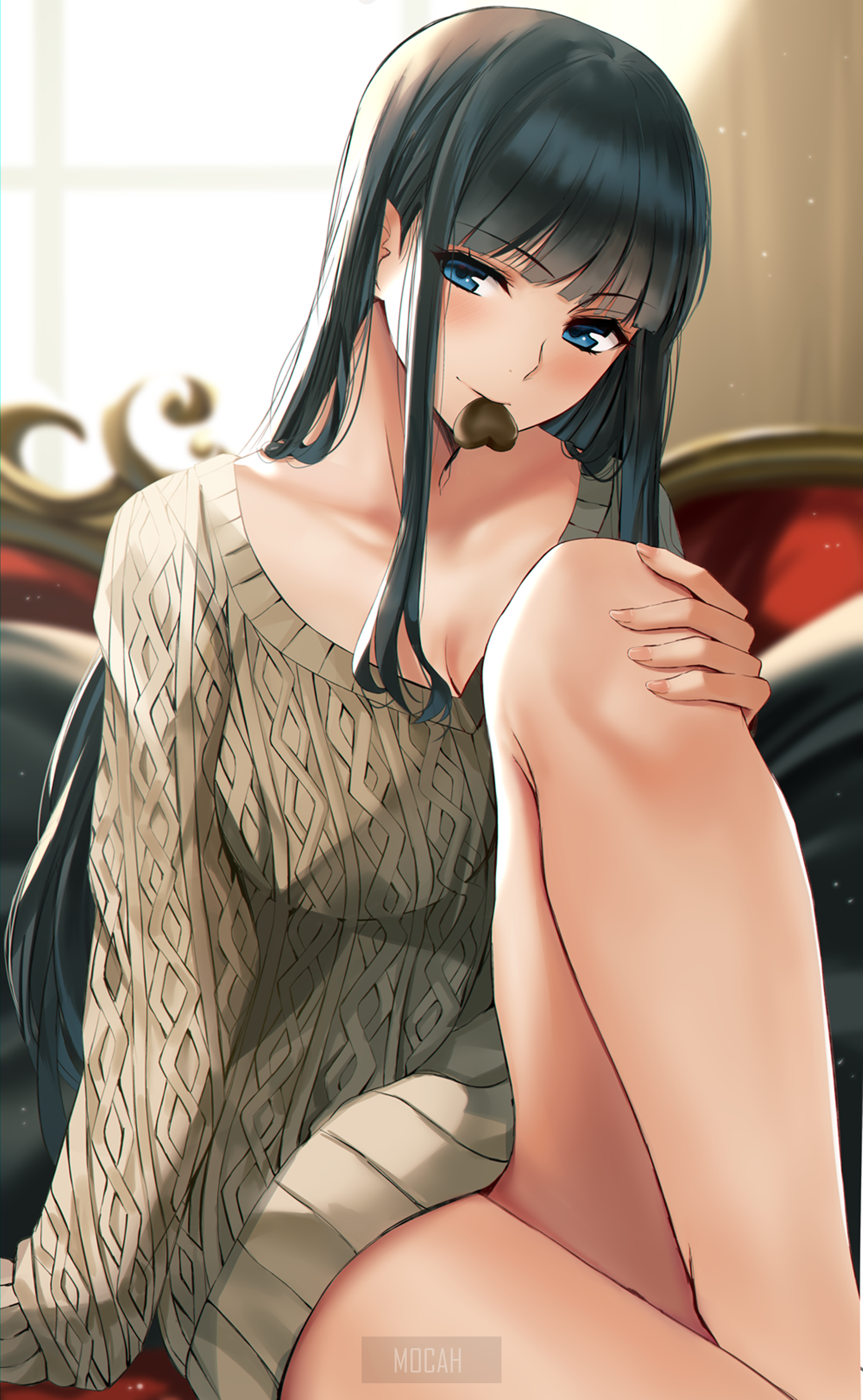 Anime girl in sweater with chocolate HD Phone Wallpaper