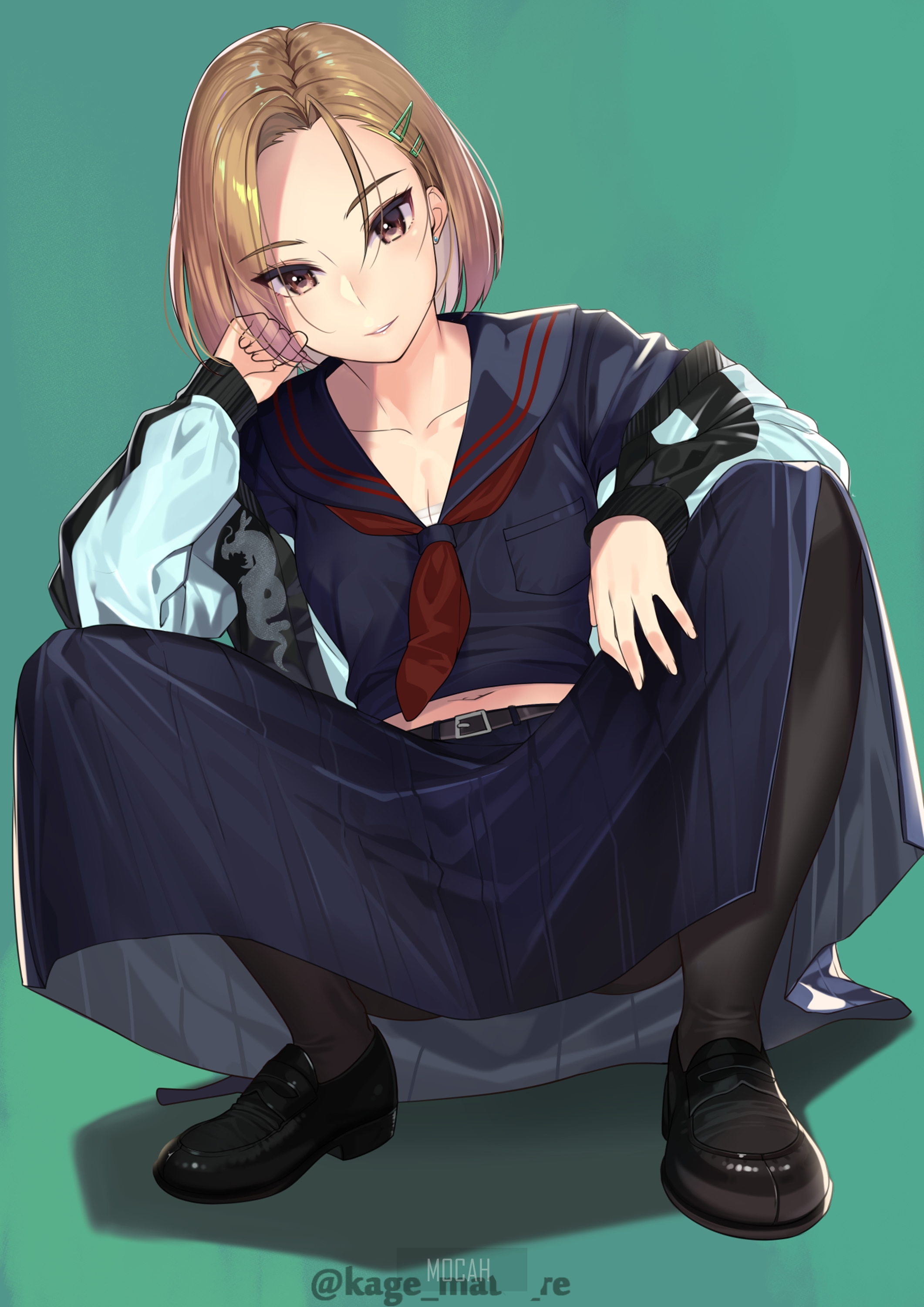 Anime girl in school uniform crouching HD Phone Wallpaper