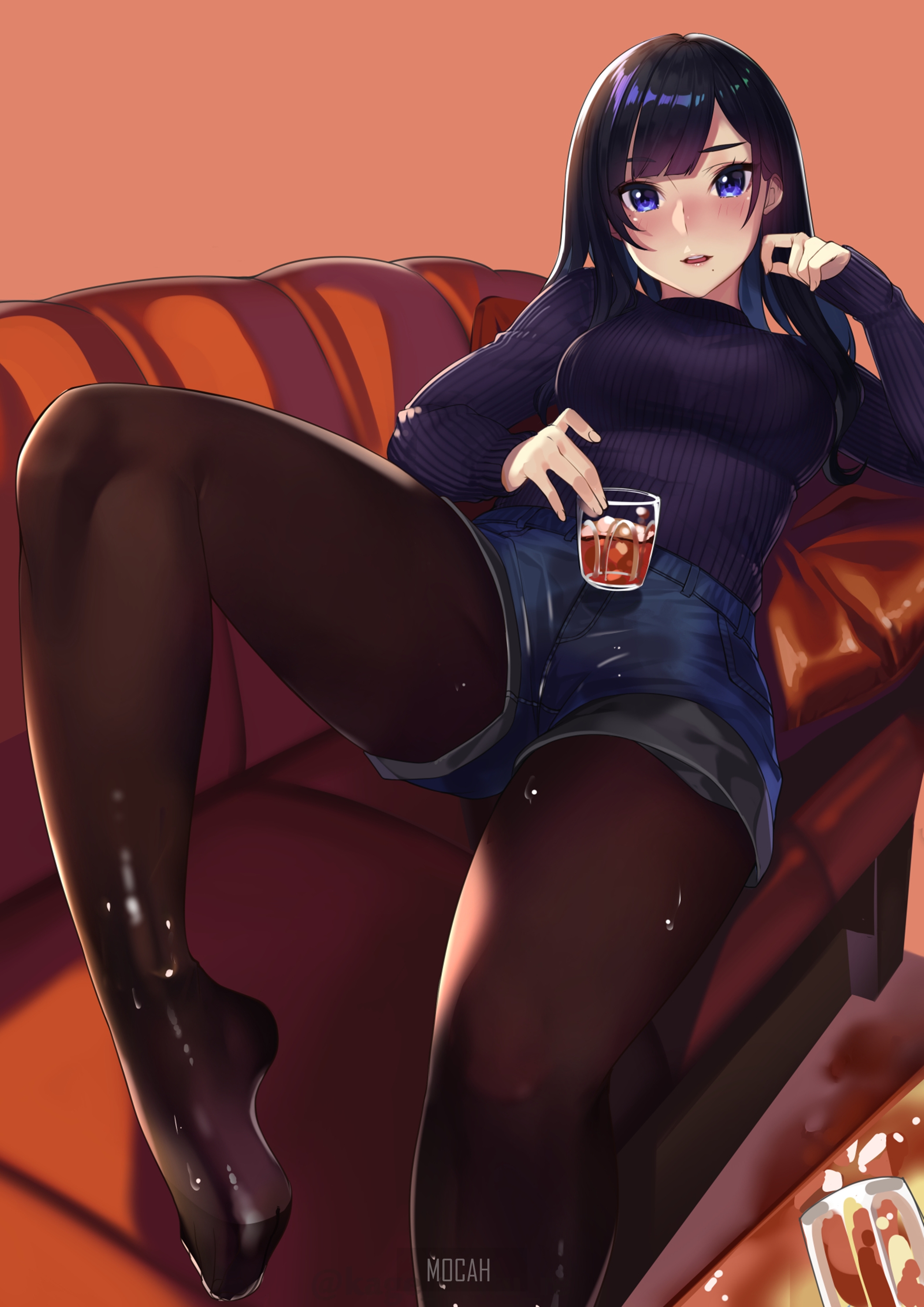 Anime girl in tights holding a drink on a couch HD Phone Wallpaper