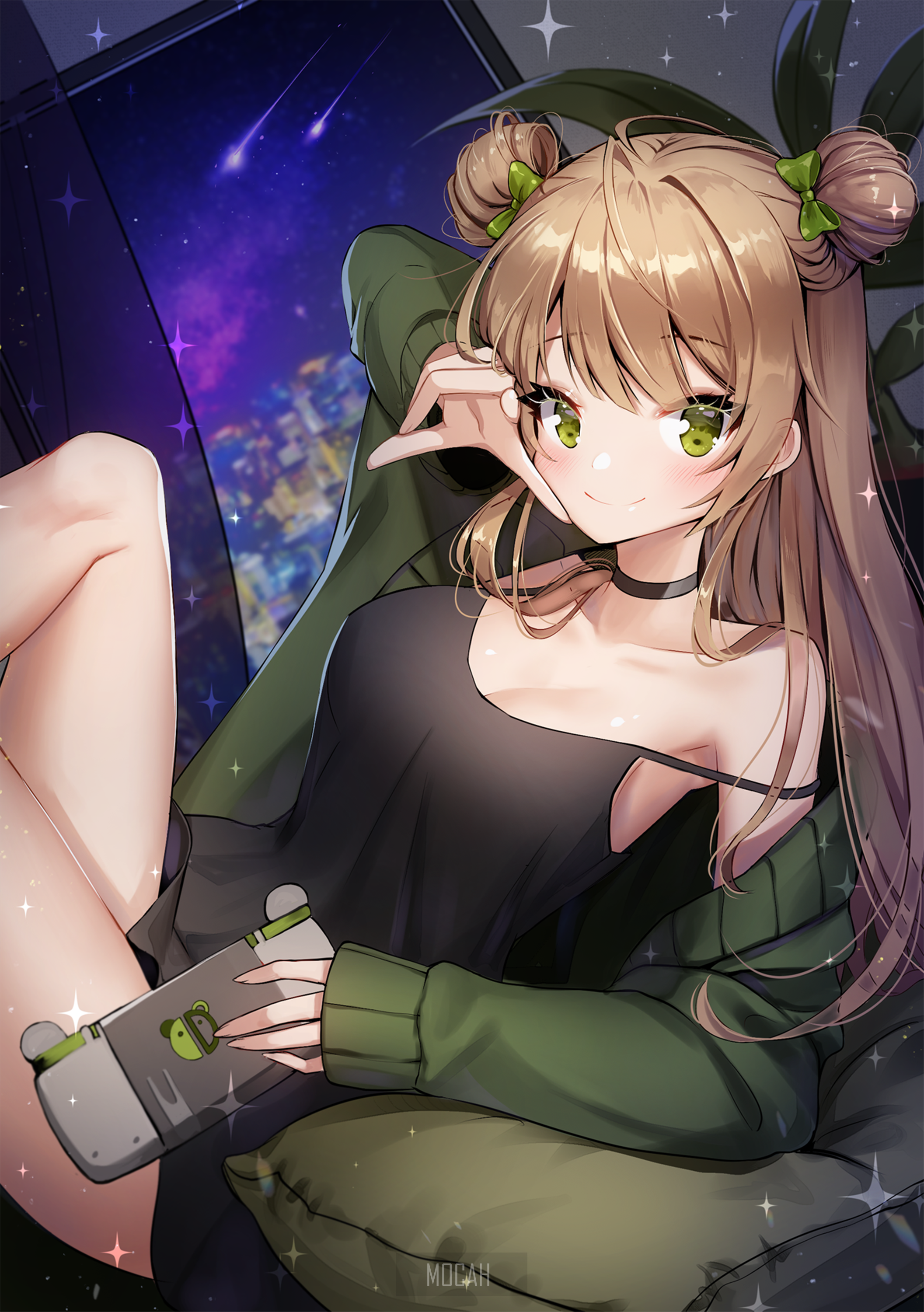 Anime girl with green eyes and blonde hair holding a game console HD Phone Wallpaper