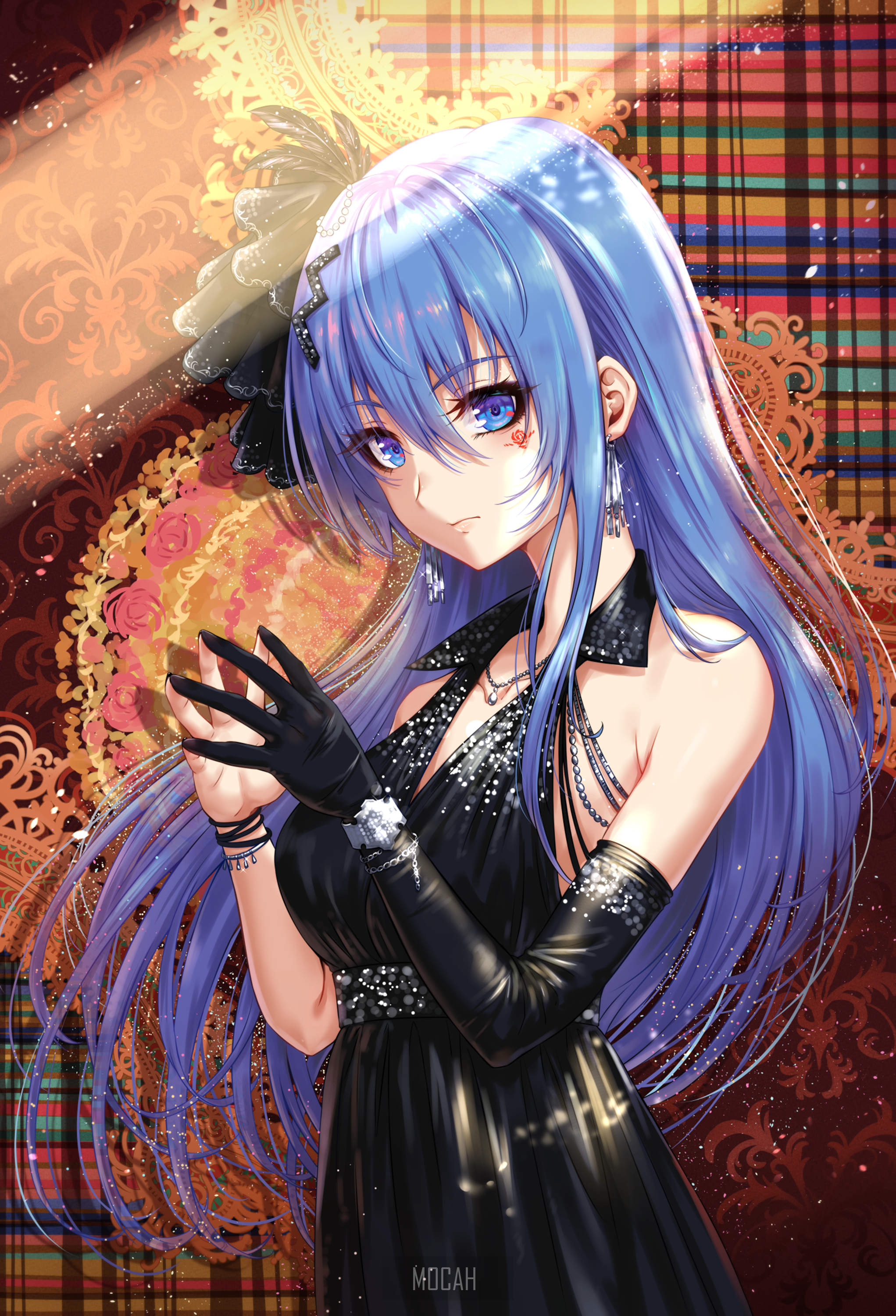 Anime girl with blue hair in a black dress HD Phone Wallpaper