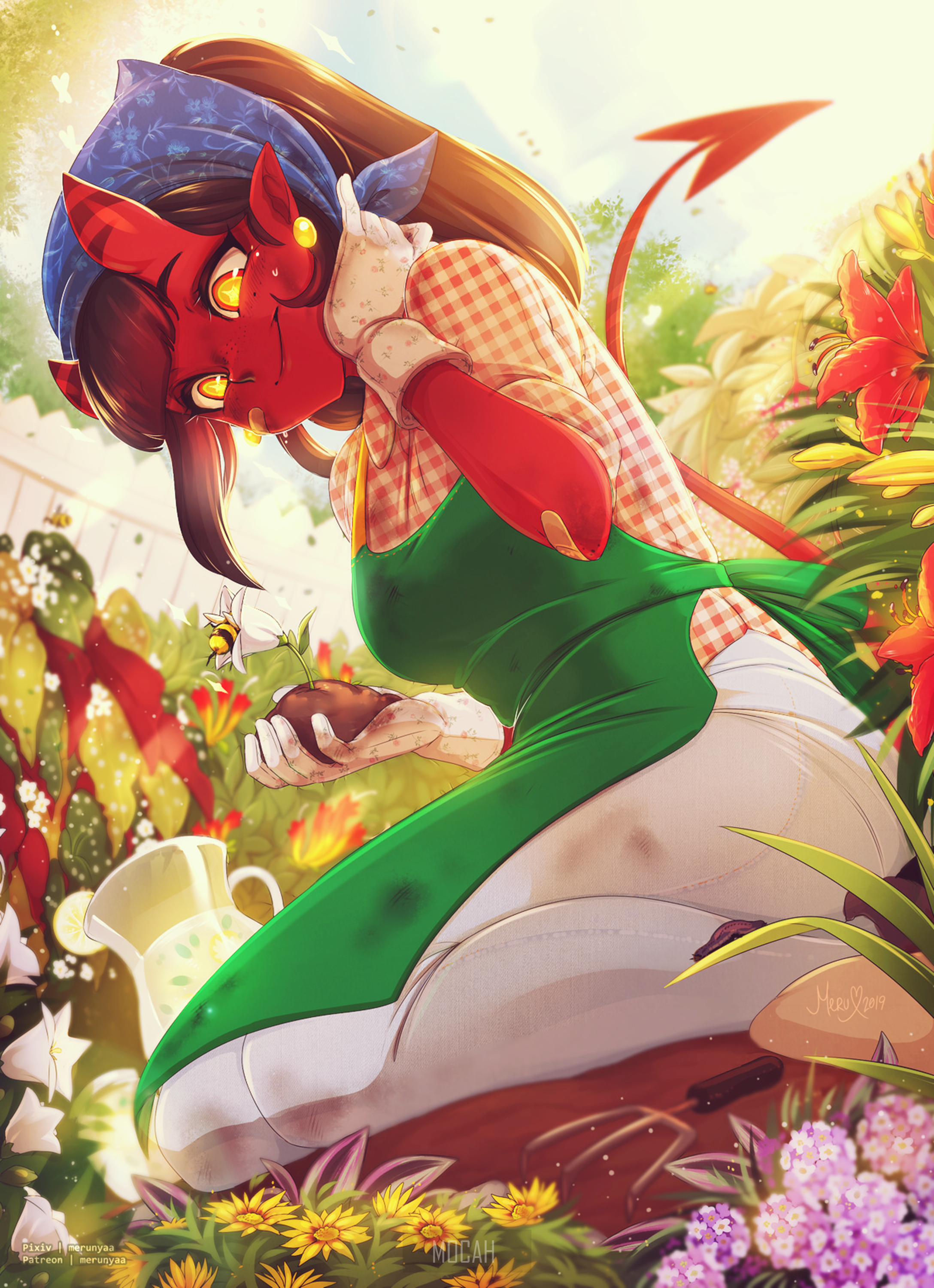 Anime Girl Gardening with a Bee HD Phone Wallpaper