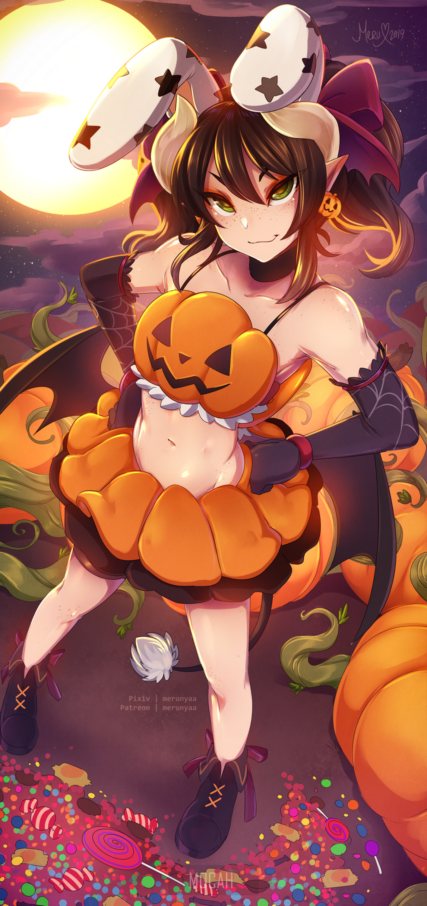 Anime girl with pumpkin costume and bunny ears HD Phone Wallpaper