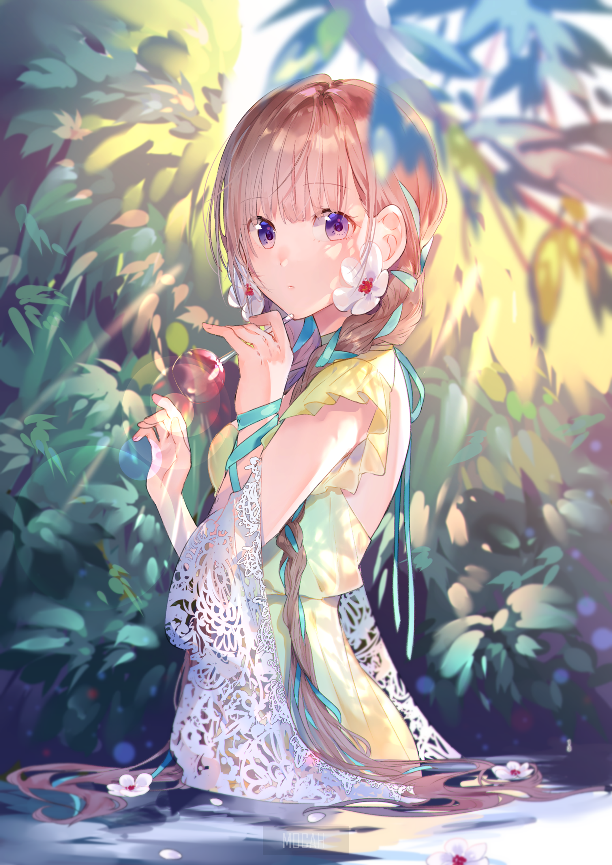 Anime girl with flowers in hair by water HD Phone Wallpaper