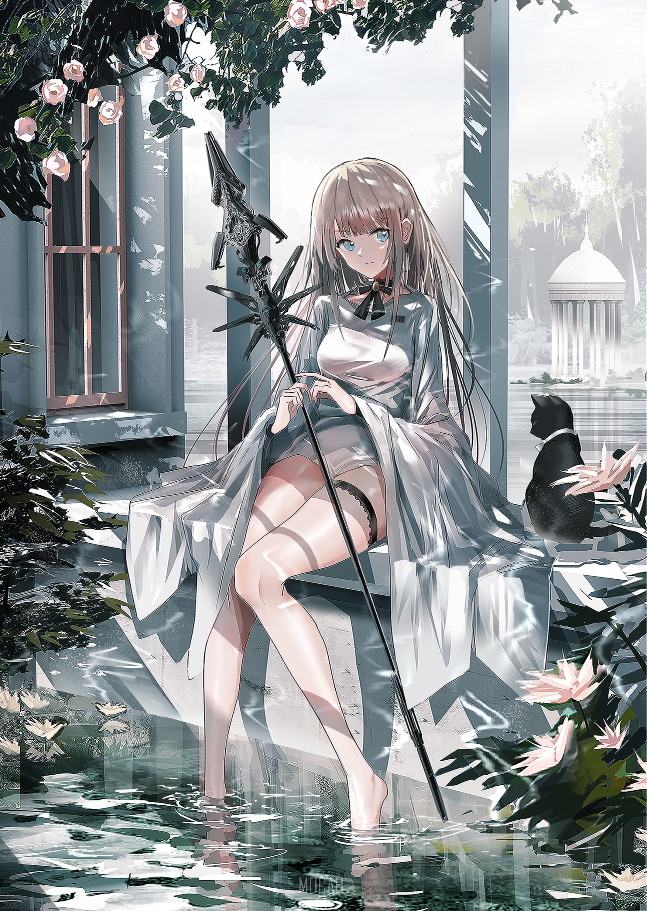 Anime girl with staff and cat in garden HD Phone Wallpaper