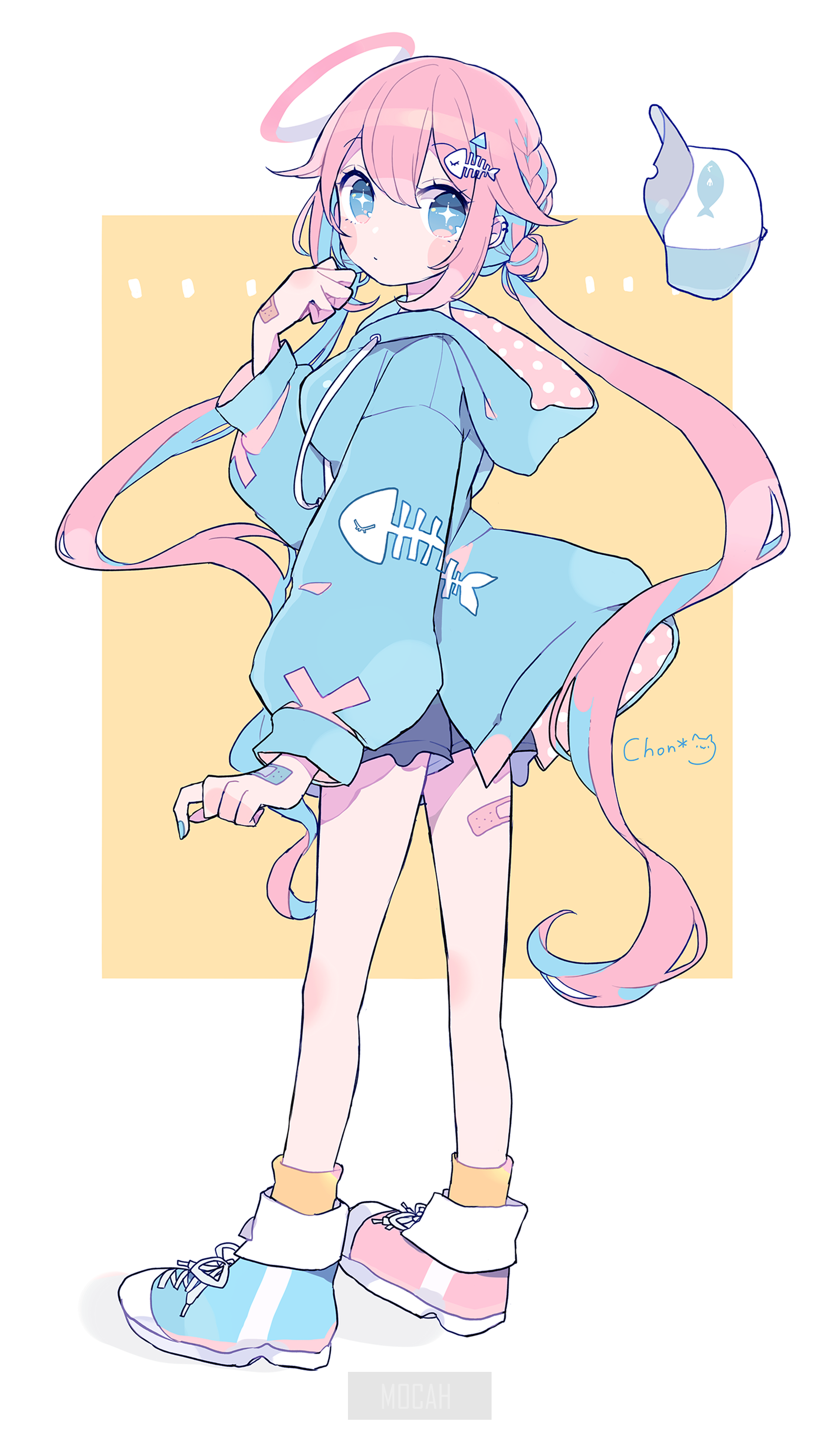 Anime girl with pink hair and blue hoodie HD Phone Wallpaper