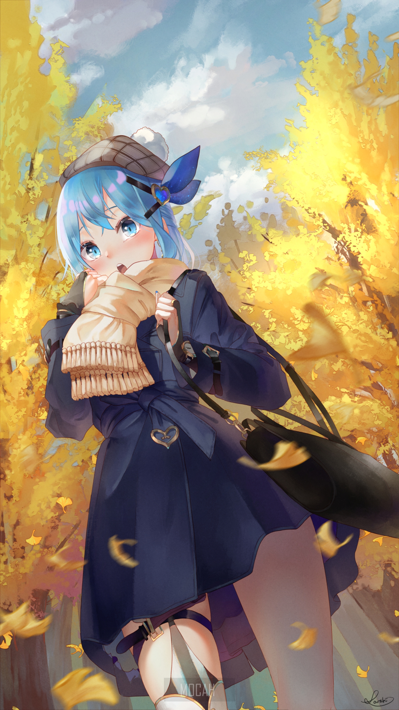 Anime girl with blue hair in autumn park HD Phone Wallpaper