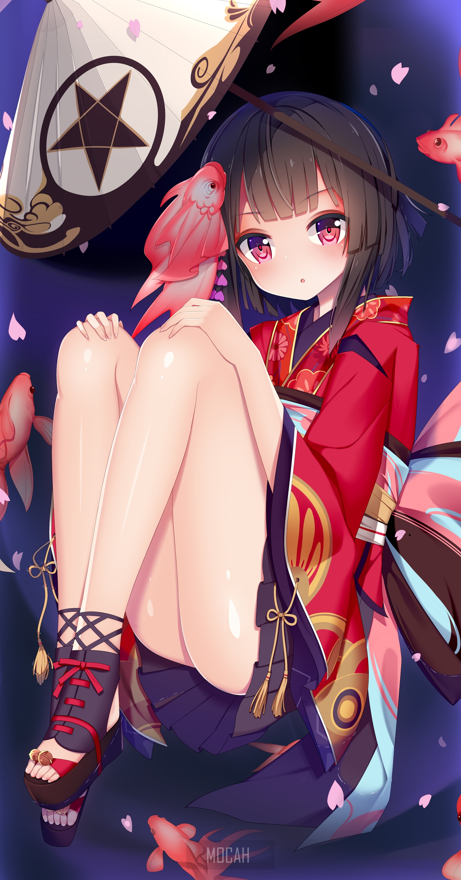 Anime girl in kimono with goldfish HD Phone Wallpaper