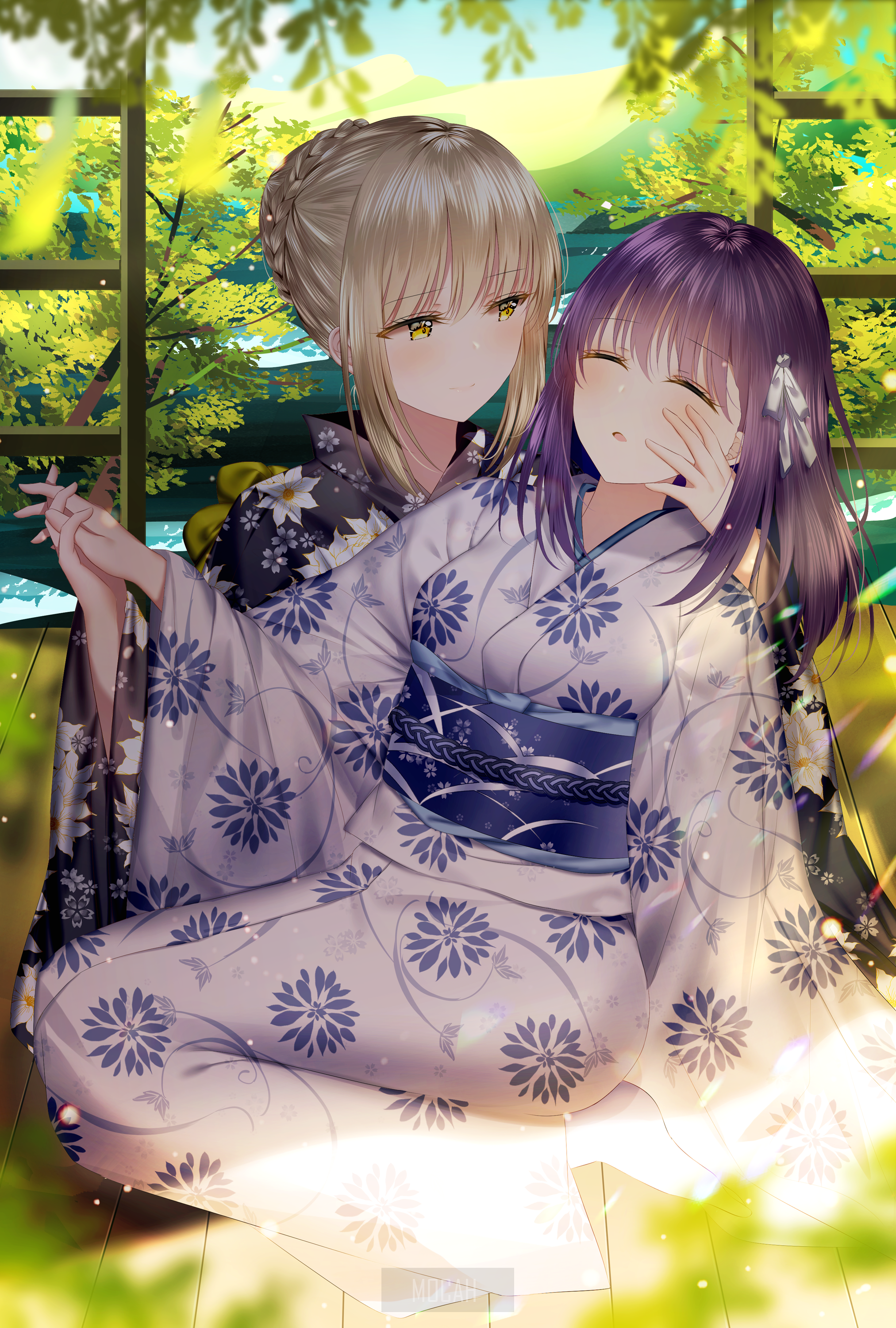 Two anime girls in yukatas HD Phone Wallpaper