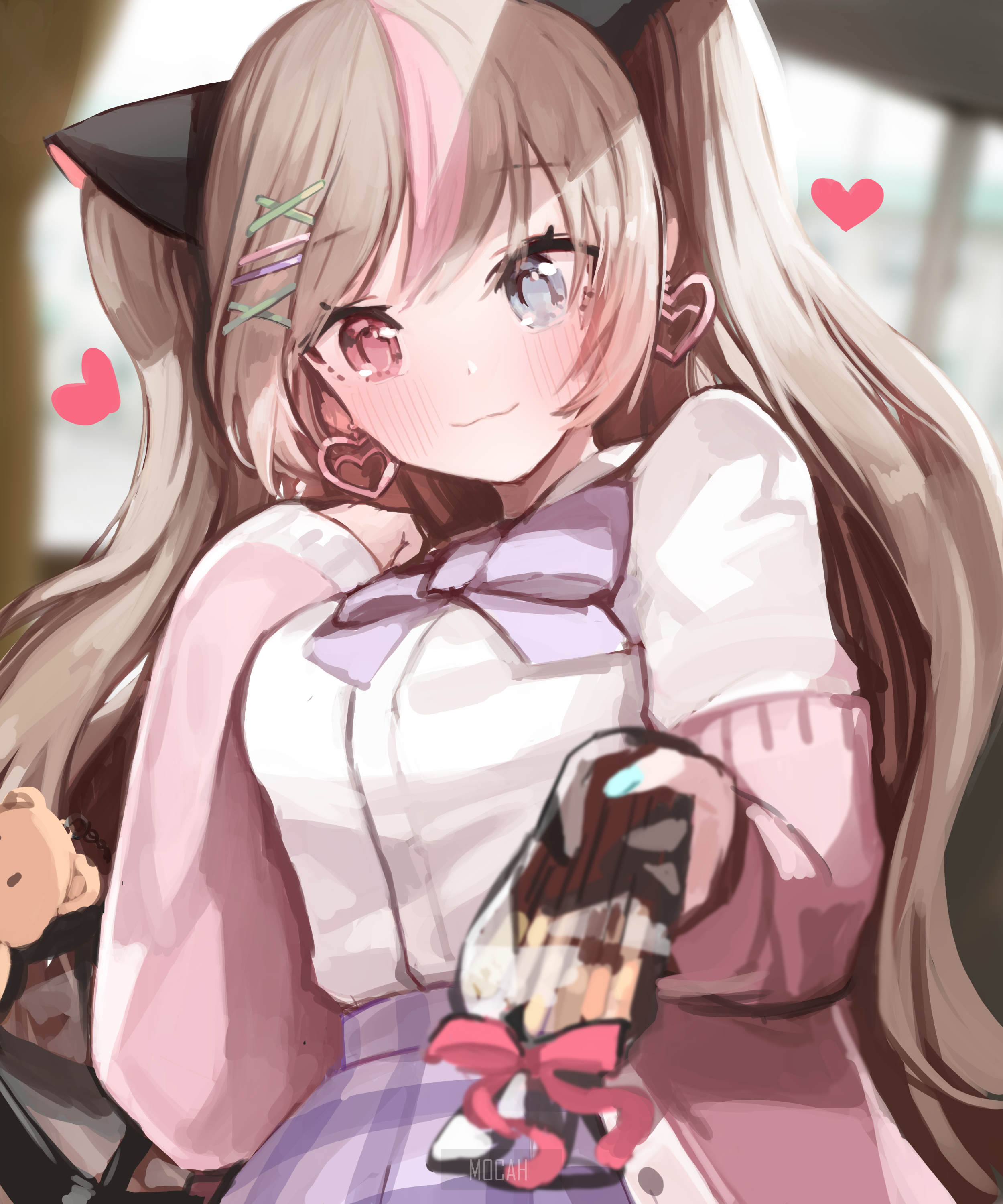 Anime girl with pigtails holding a treat HD Phone Wallpaper