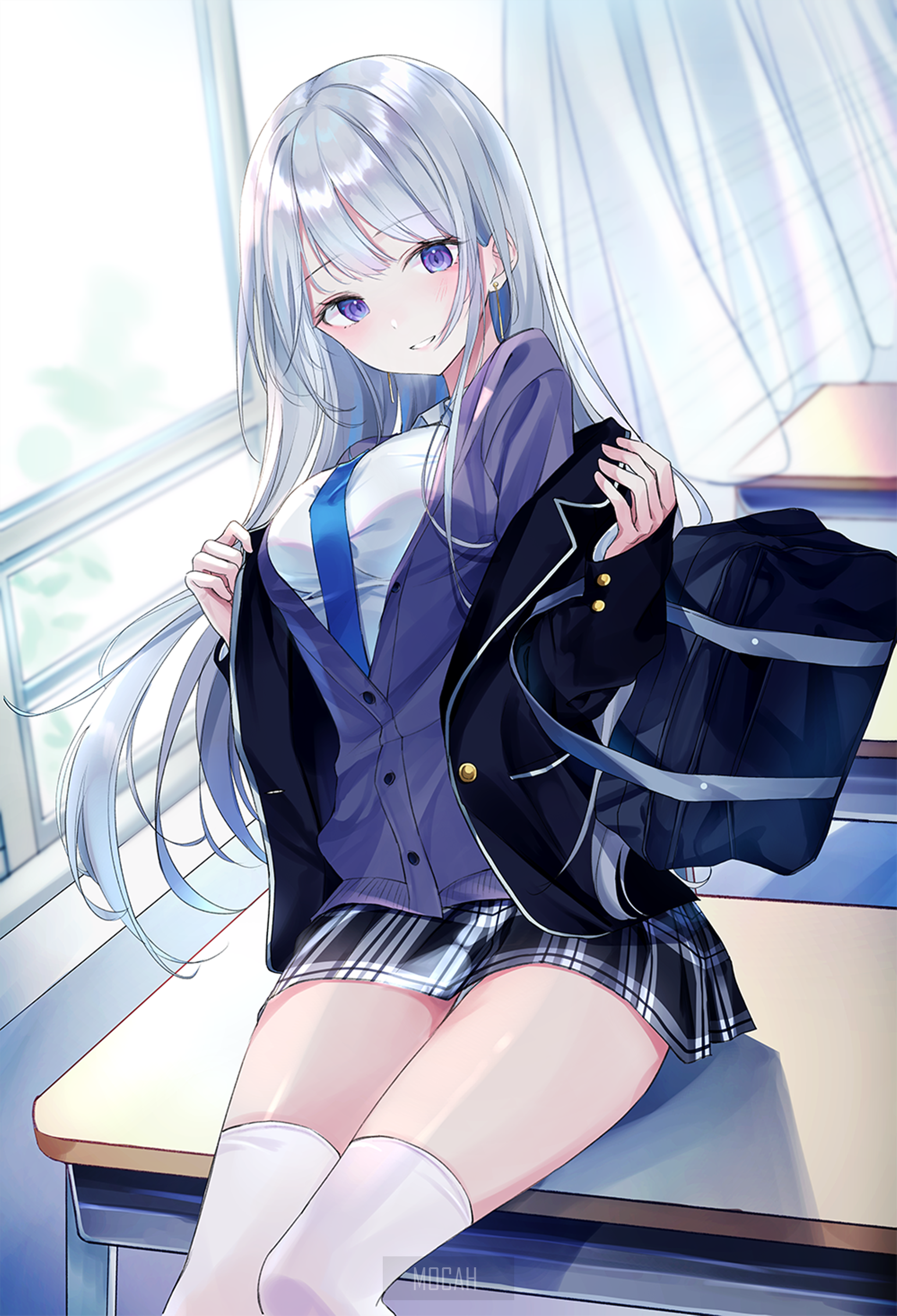 Anime girl in school uniform sitting at a desk HD Phone Wallpaper